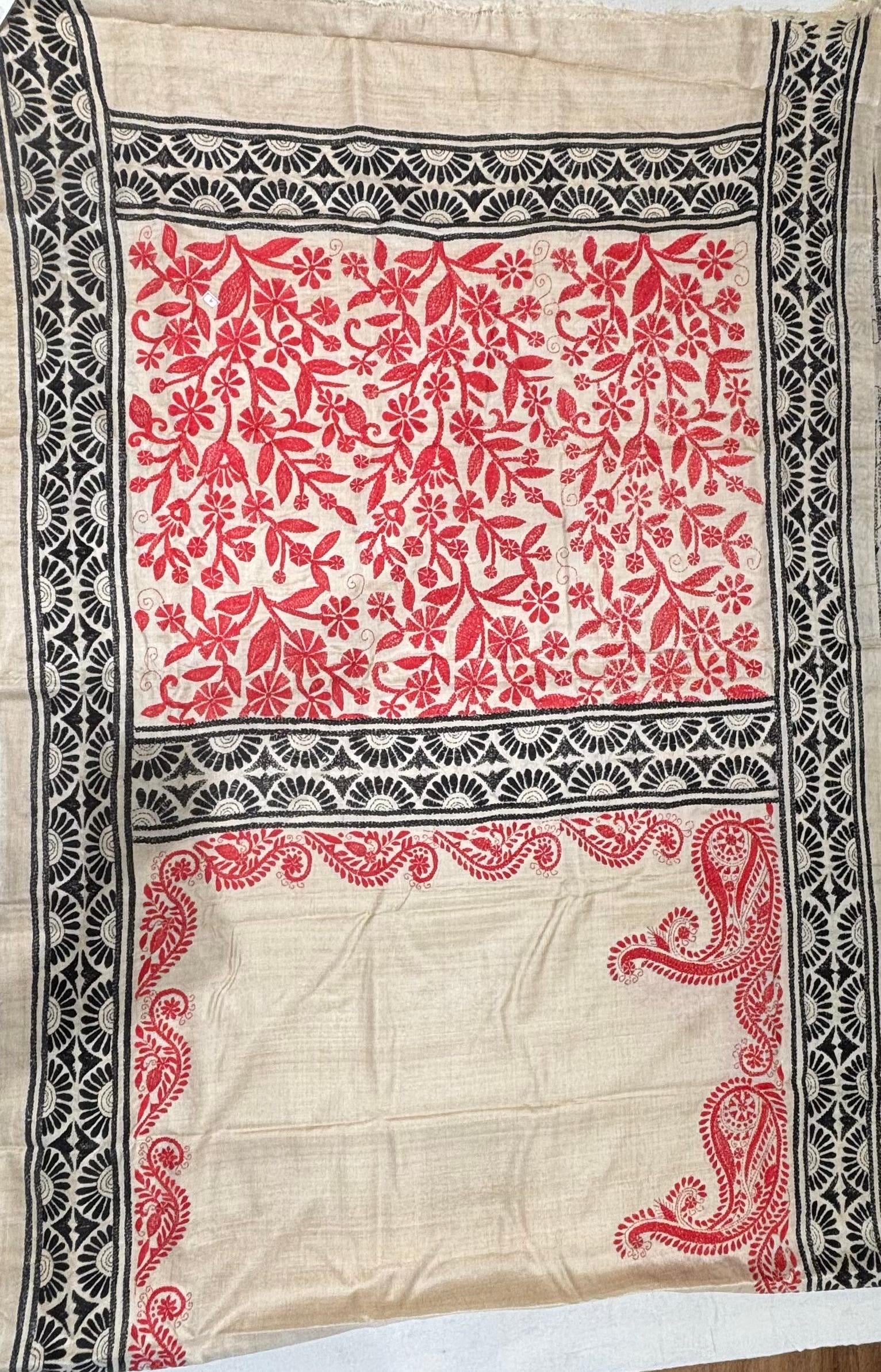 Red & Black Floral Tussar Saree