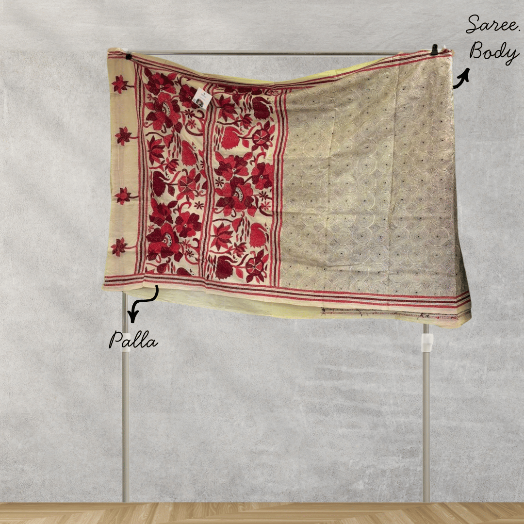 Off White and Red Katha Pure Silk Saree