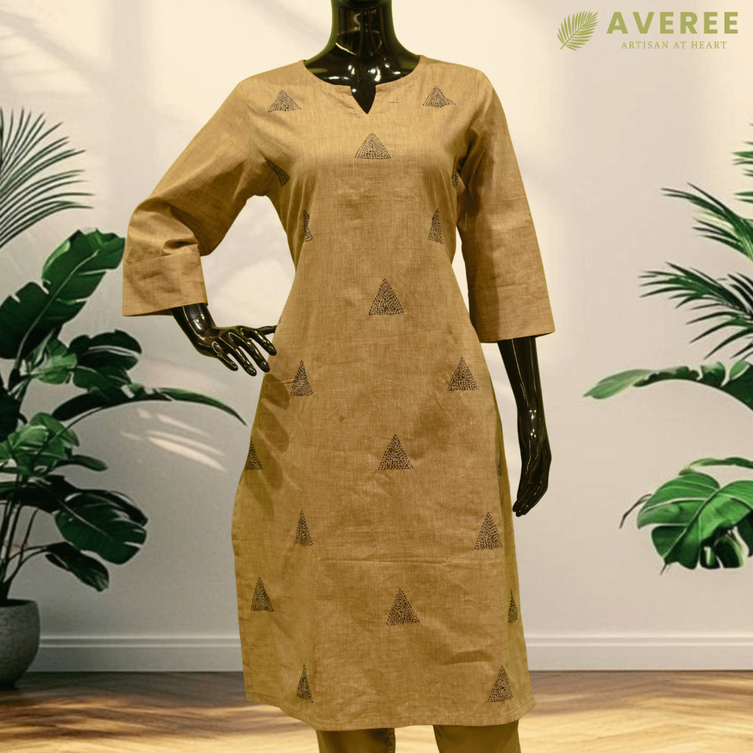 Cream Cotton Hand Embroidered Slim Fit Kurti