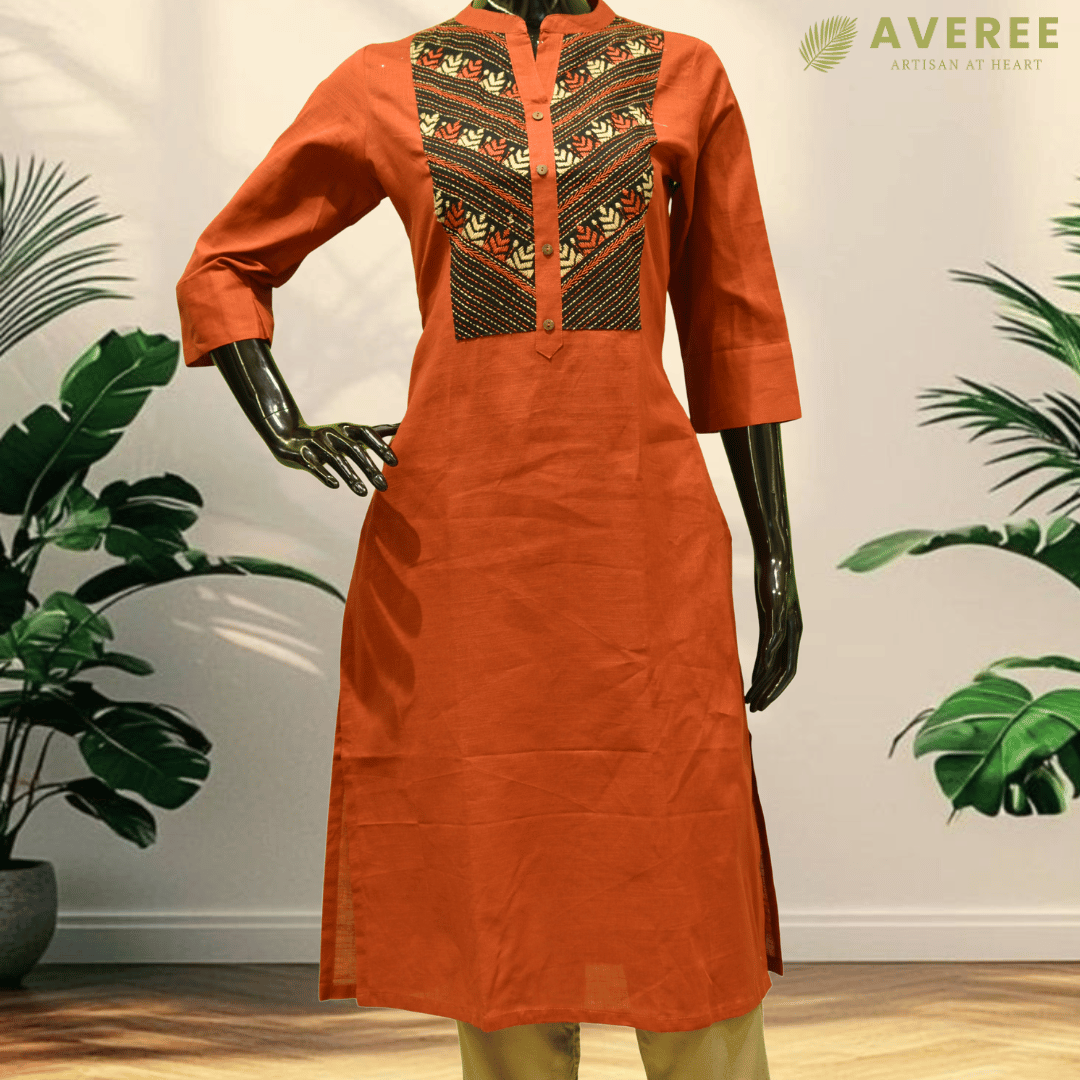 Tangerine Cotton Hand Embroidered Slim Fit Kurti