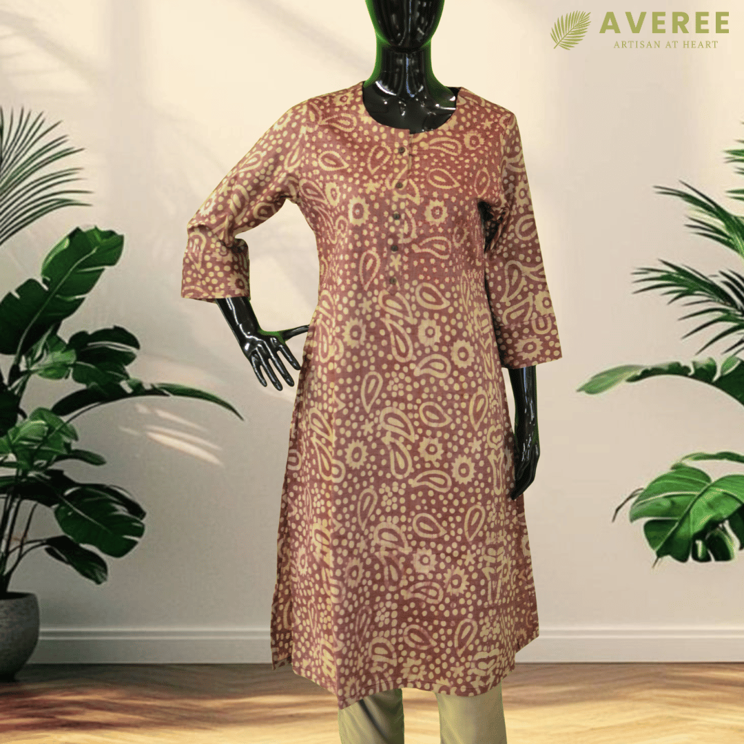 Magenta Block Print Viscose Hand Embroidered Slim Fit Kurti