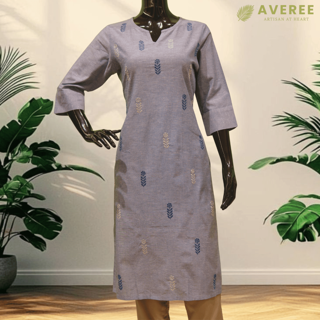 Light Blue Cotton Hand Embroidered Slim Fit Kurti