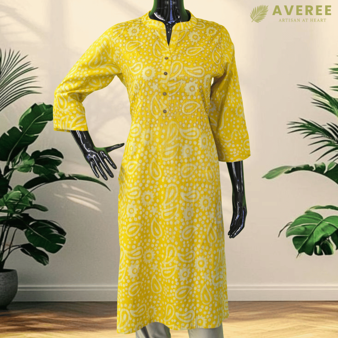 Yellow Block Print Viscose Hand Embroidered Slim Fit Kurti