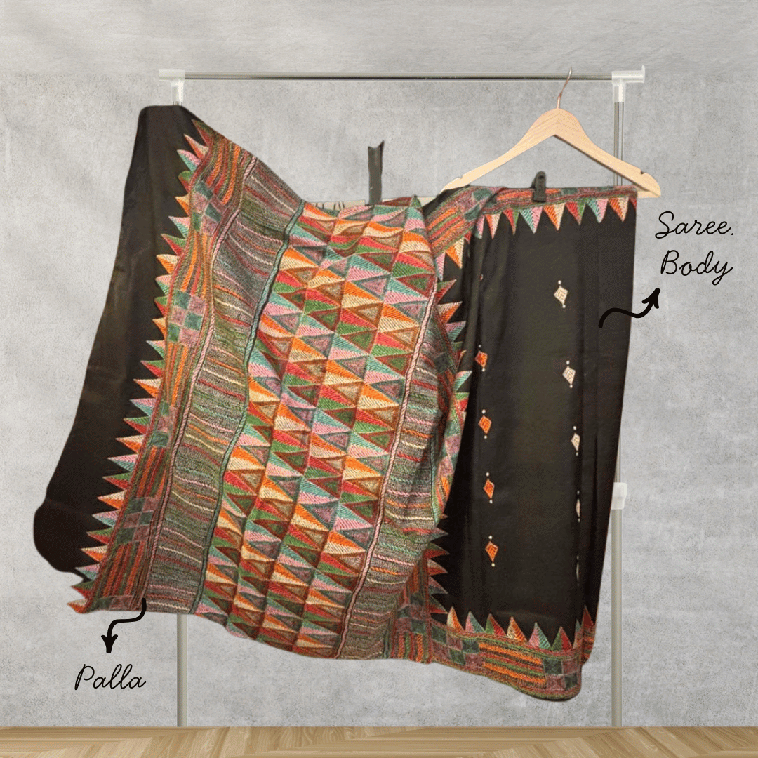 Black Pure Silk Saree with Kantha Work