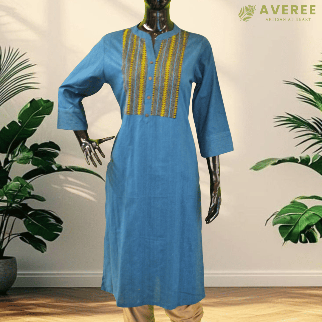 Midnight Blue Cotton Long Hand Embroidered Slim Fit Kurti