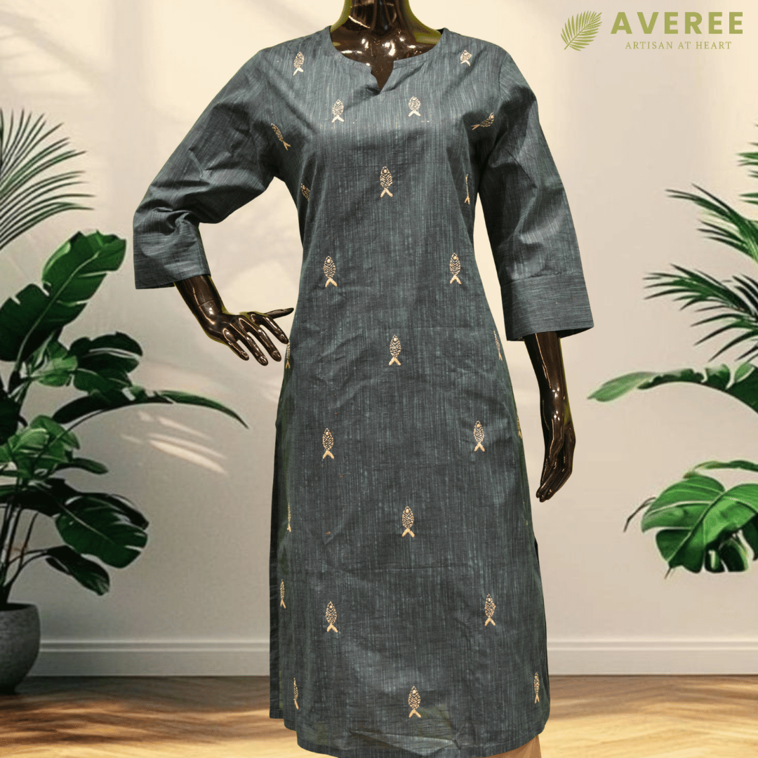 Teal Green Cotton Hand Embroidered Slim Fit Kurti