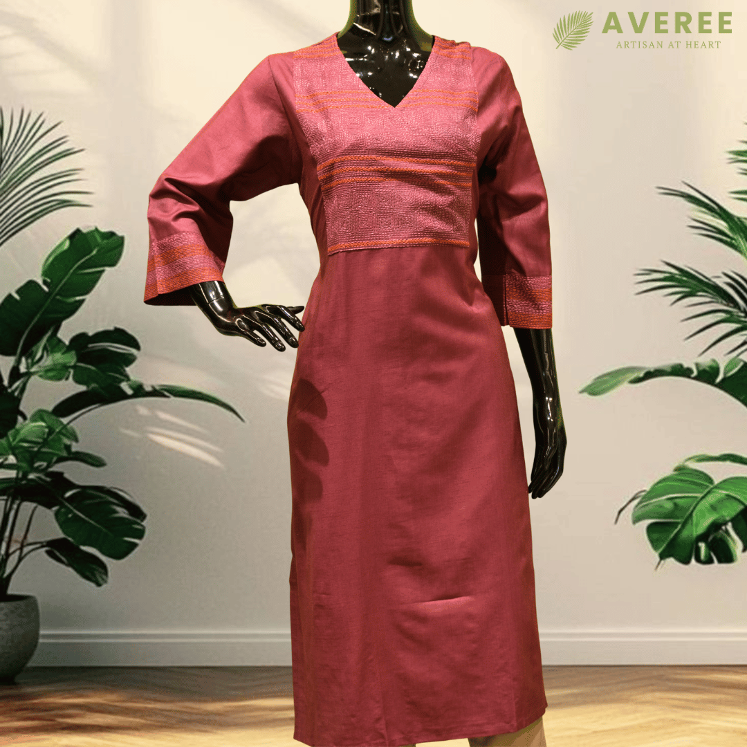 Pink Silk Hand Embroidered Slim Fit Kurti