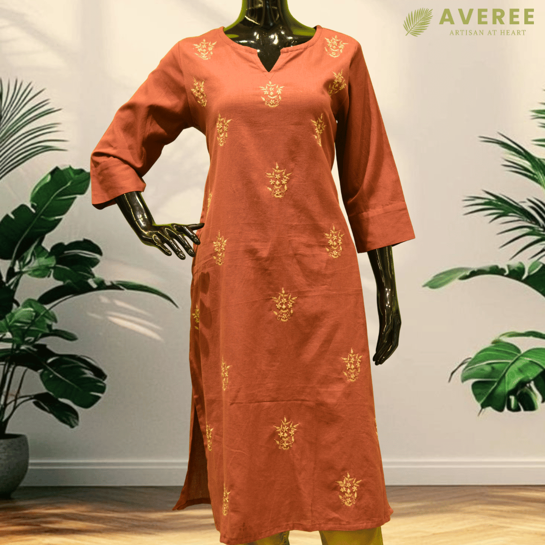 Rust Cotton Hand Embroidered Slim Fit Kurti