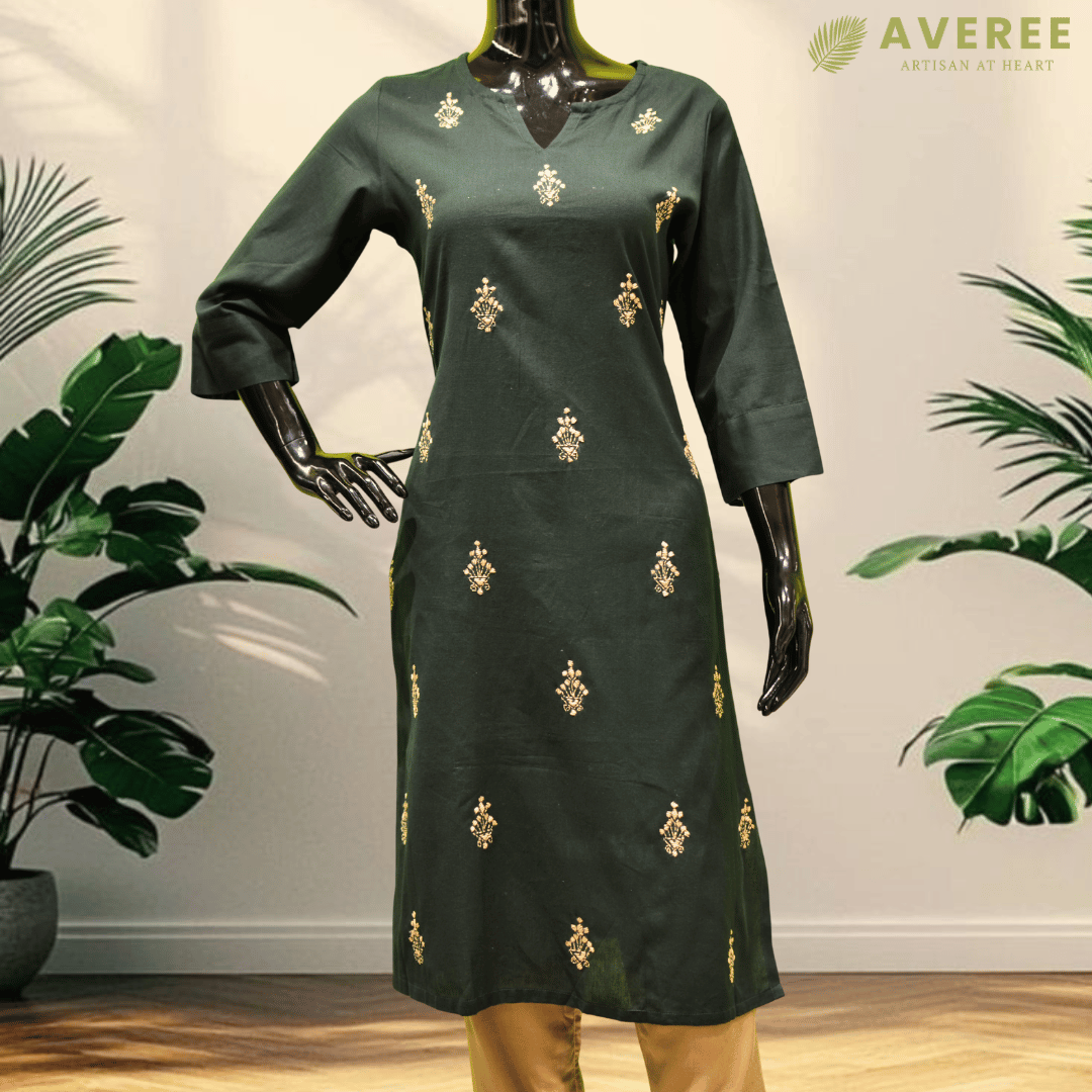Forest Green Cotton Hand Embroidered Slim Fit Kurti