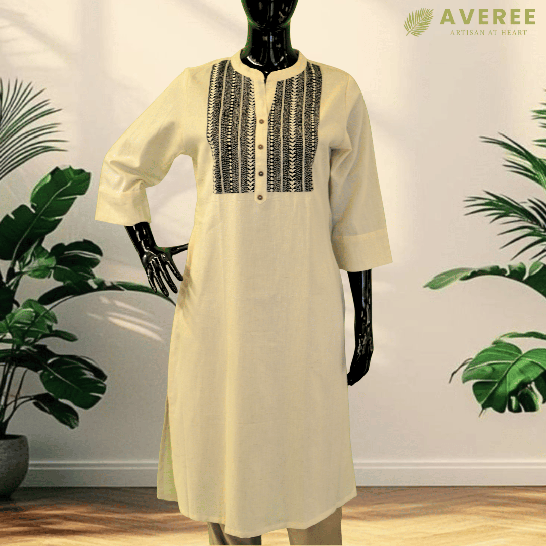 Off White Cotton Hand Embroidered Slim Fit Kurti