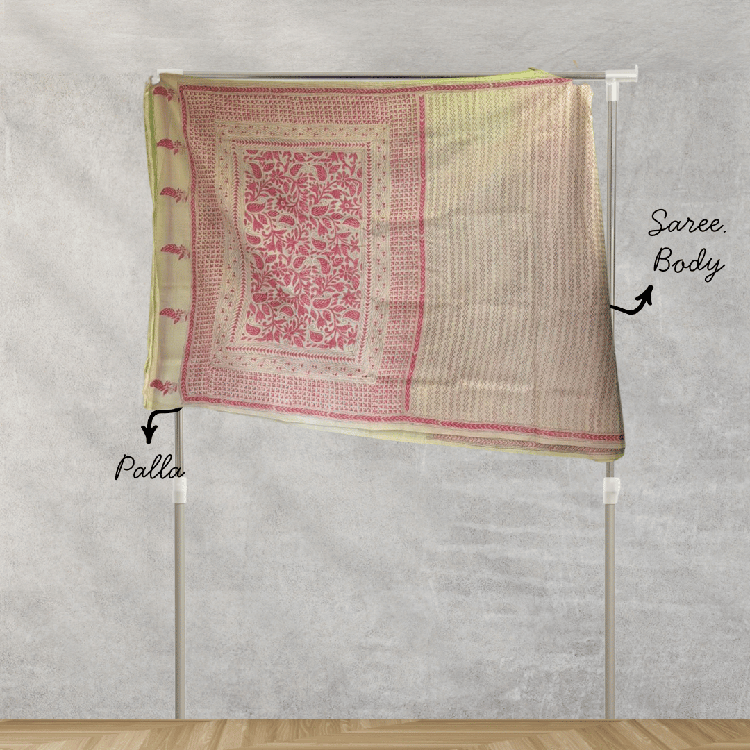 Off White And Pink Tussar Heavy Saree