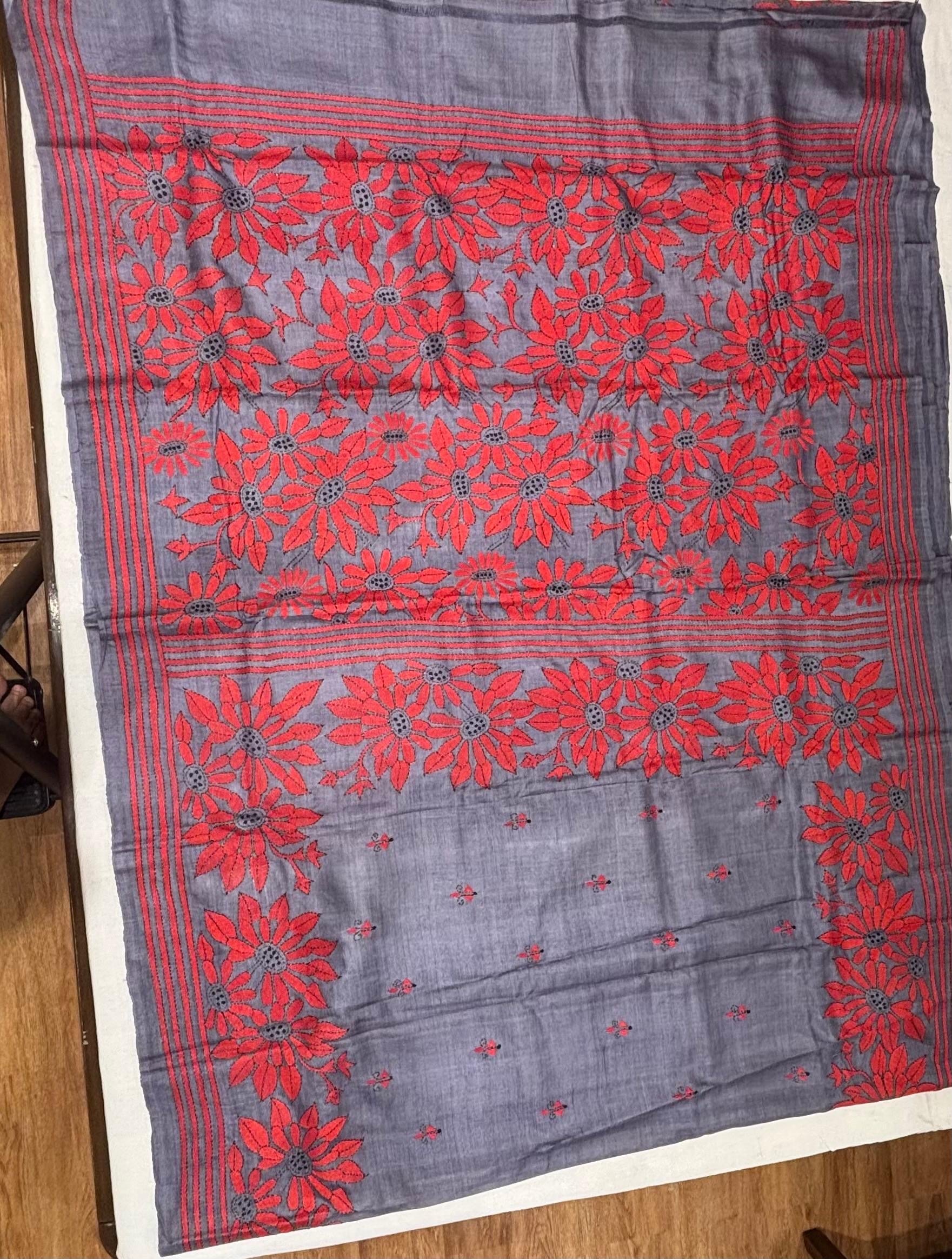 Red & Gray Dyed Tussar Saree