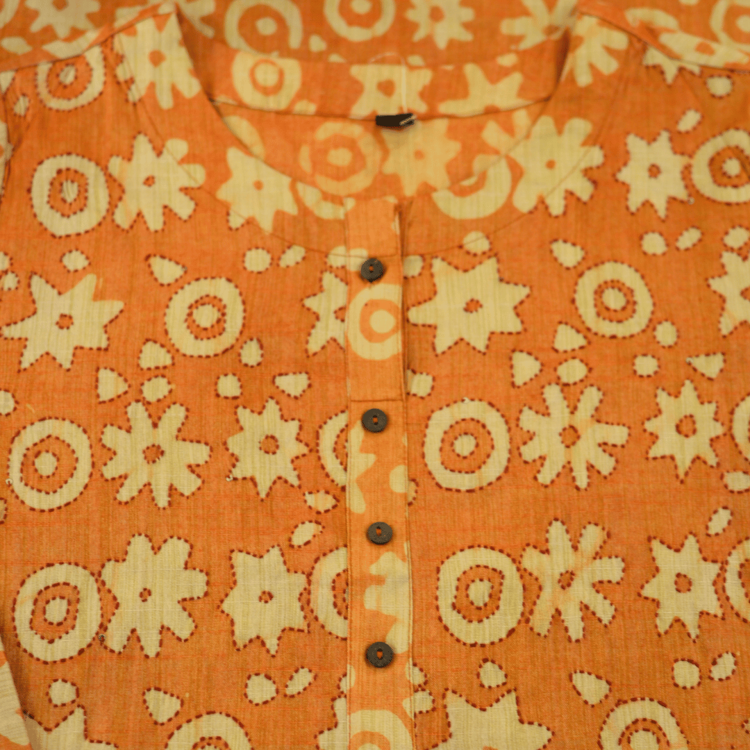 Orange Block Print Viscose Hand Embroidered Slim Fit Kurti