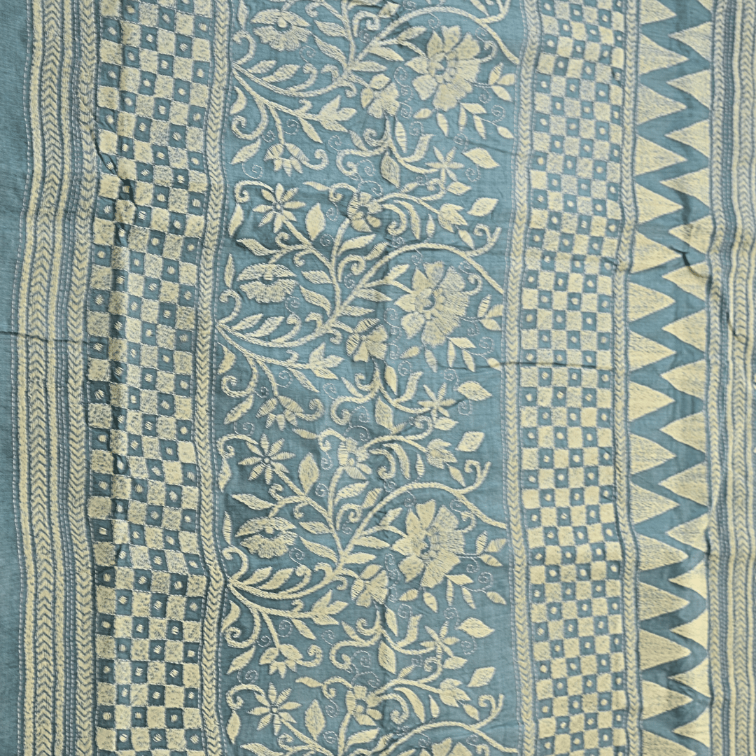Aqua Blue Pure Gachi Tussar Silk with Kantha Work