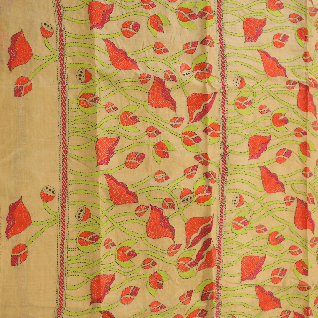 Pure Gachi Tussar Silk Flower Design Saree with Kantha Work