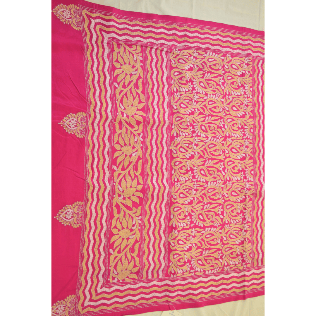 Pink Pure Silk Saree with Kantha Work