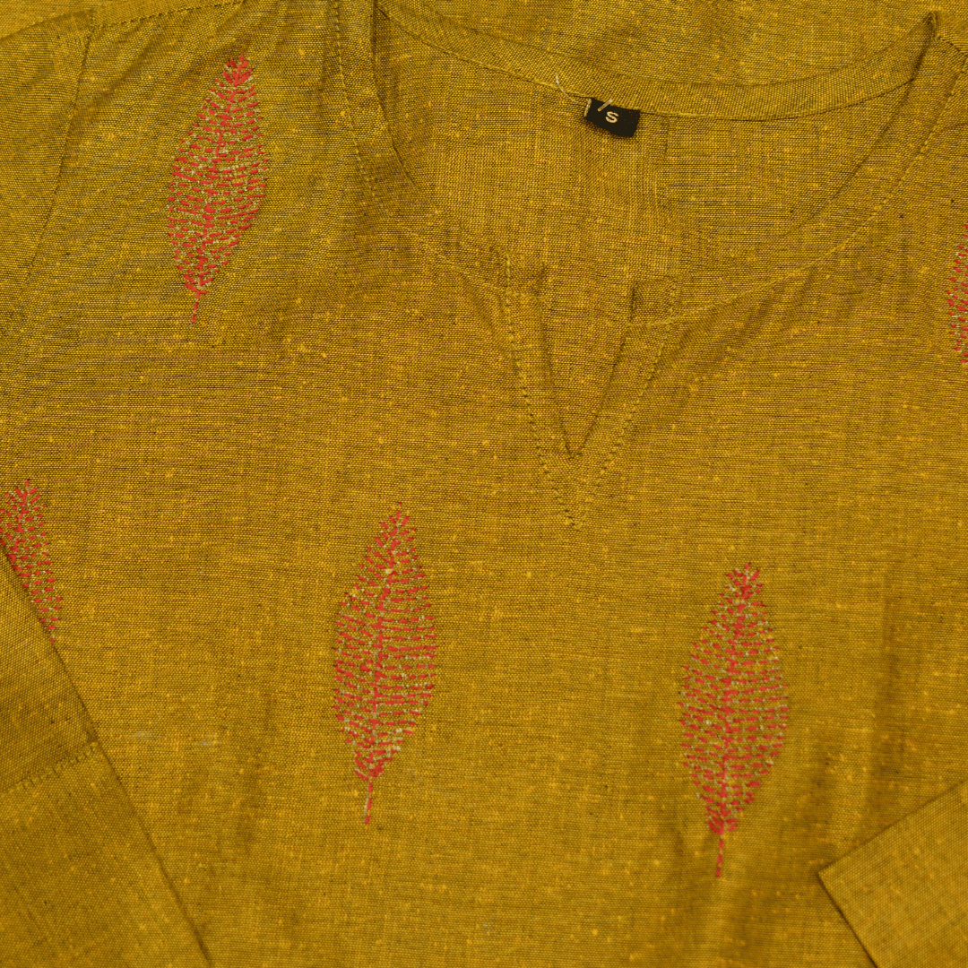 Mustard Cotton Hand Embroidered Slim Fit Kurti