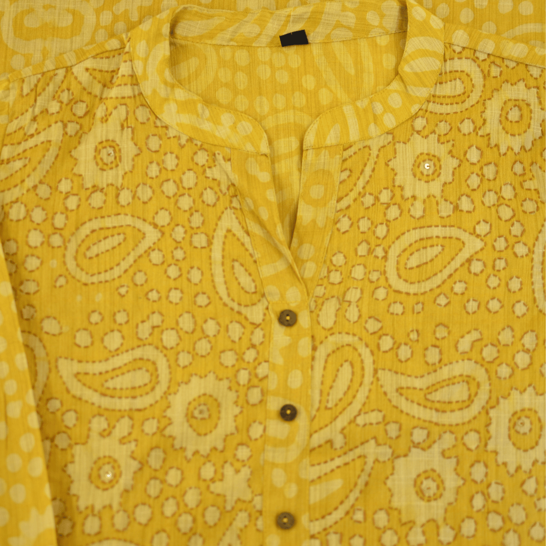 Yellow Block Print Viscose Hand Embroidered Slim Fit Kurti
