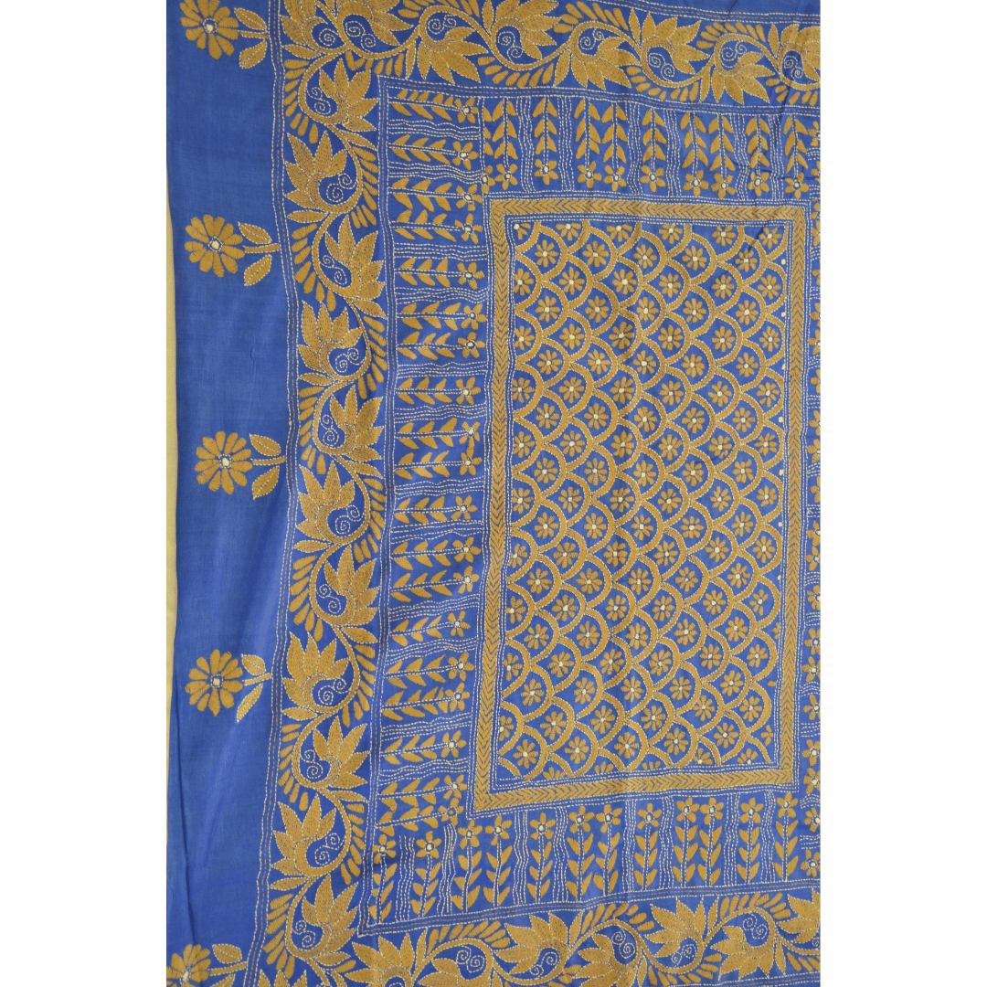 Blue Pure Tussar Silk Saree with Kantha Work