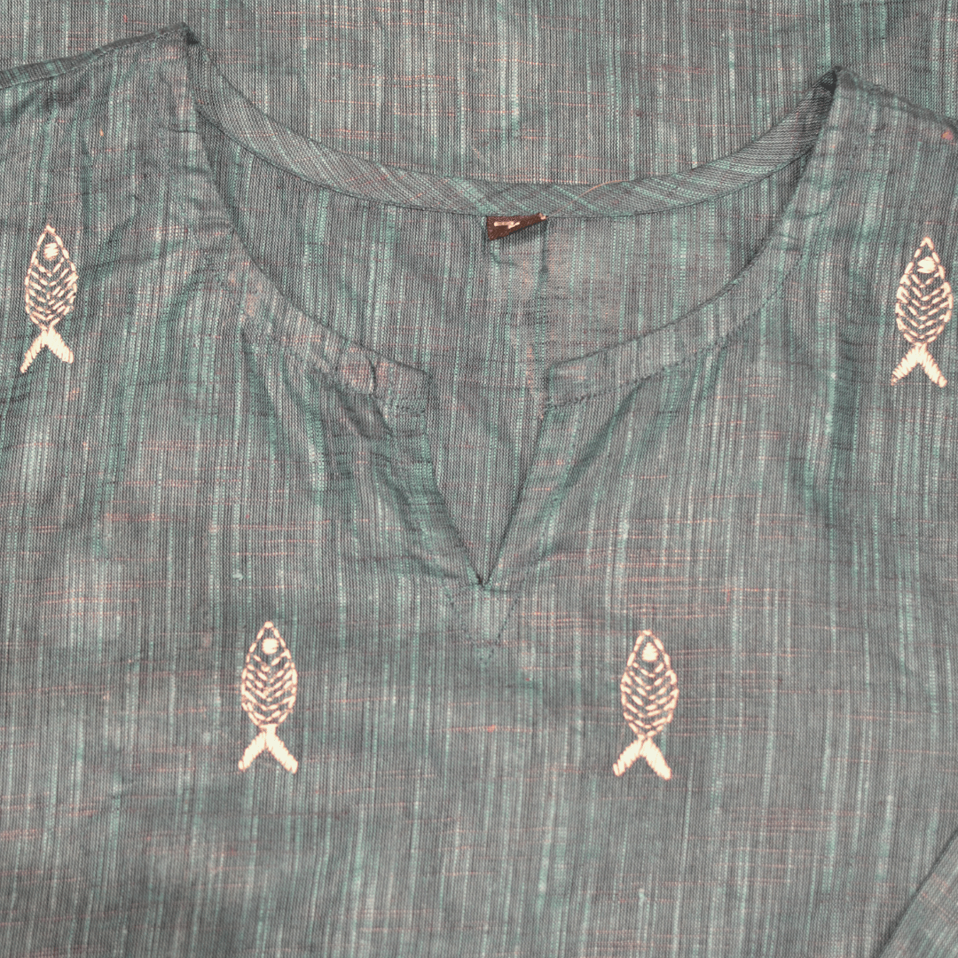 Teal Green Cotton Hand Embroidered Slim Fit Kurti