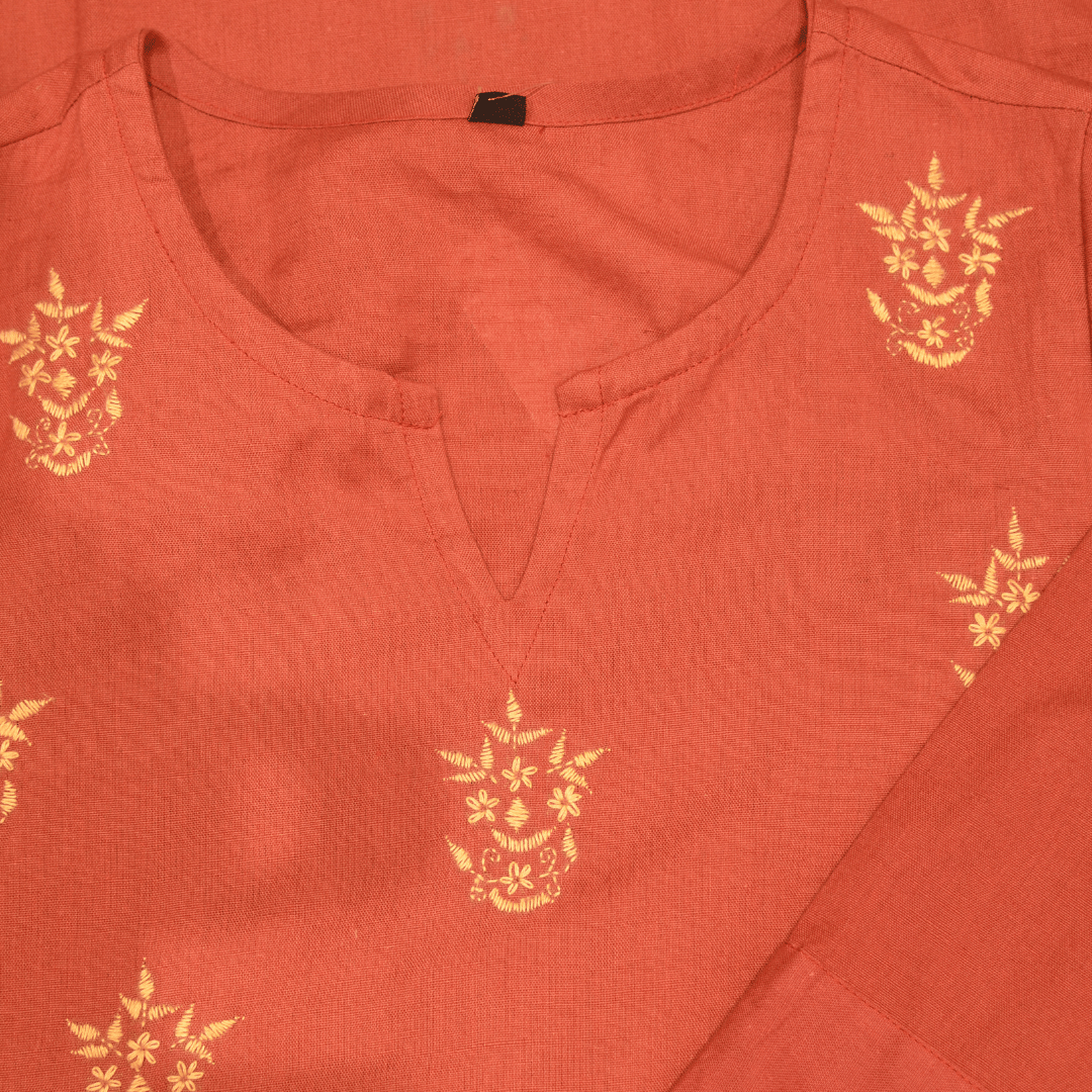 Rust Cotton Hand Embroidered Slim Fit Kurti