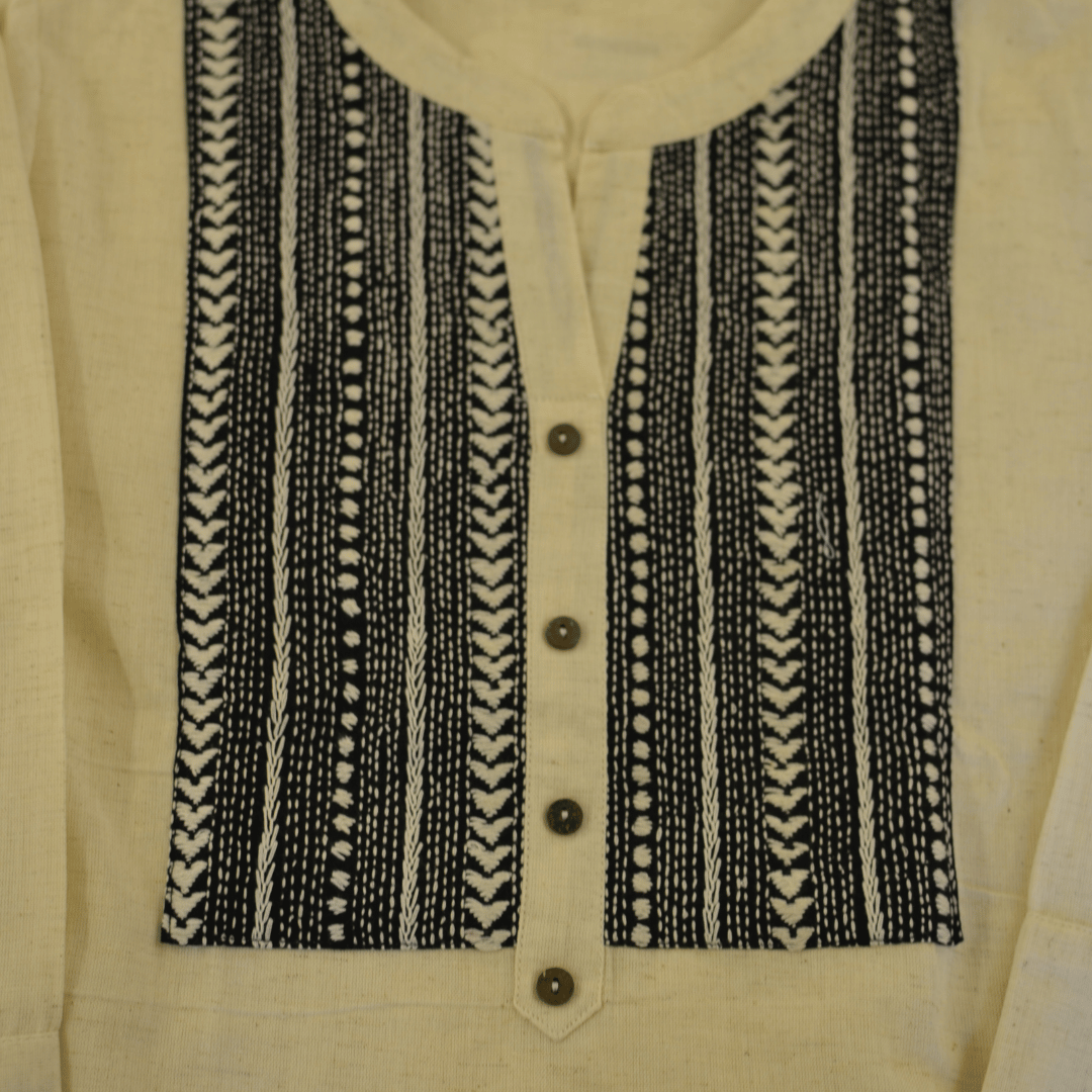 Off White Cotton Hand Embroidered Slim Fit Kurti