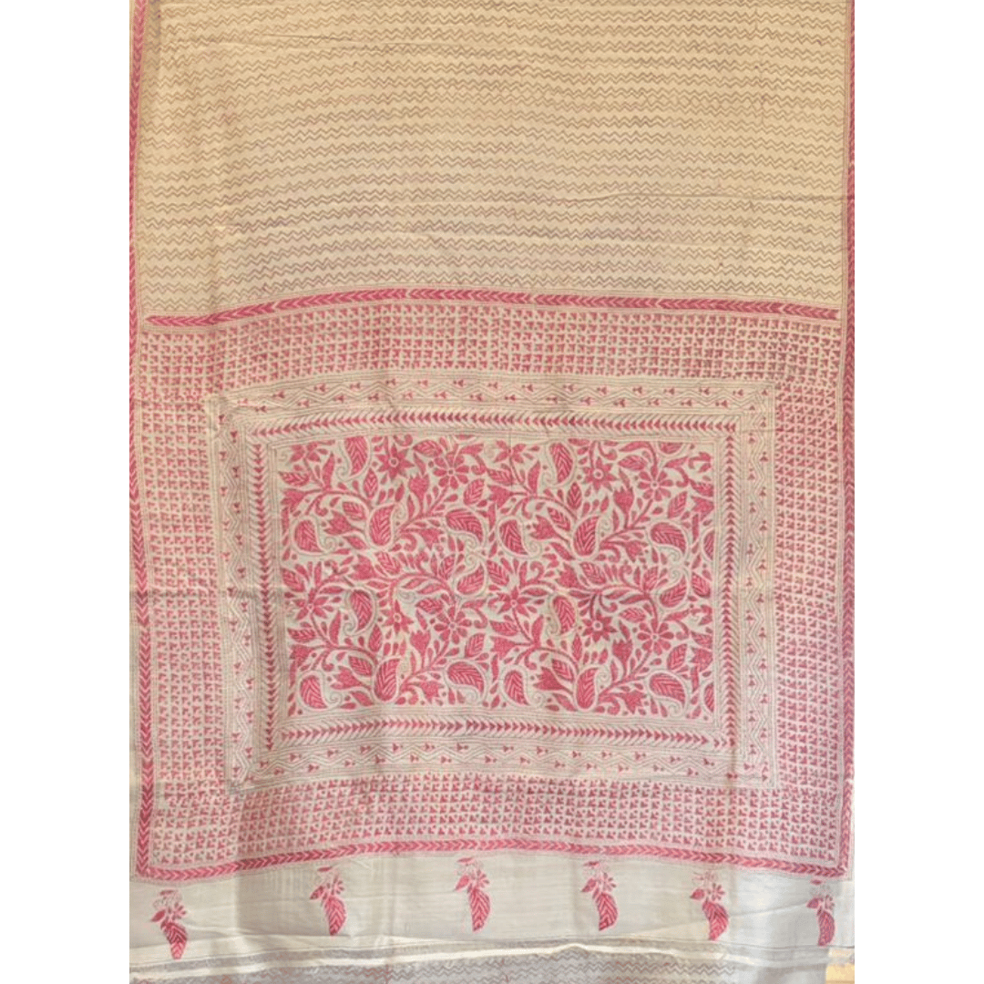 Off White And Pink Tussar Heavy Saree