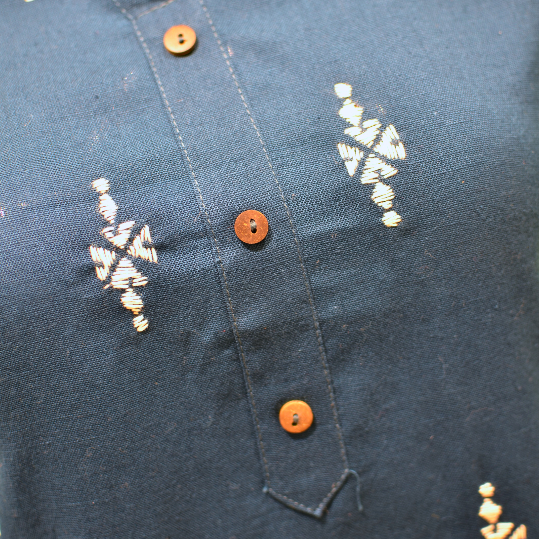 Blue Cotton Hand Embroidered Slim Fit Kurti