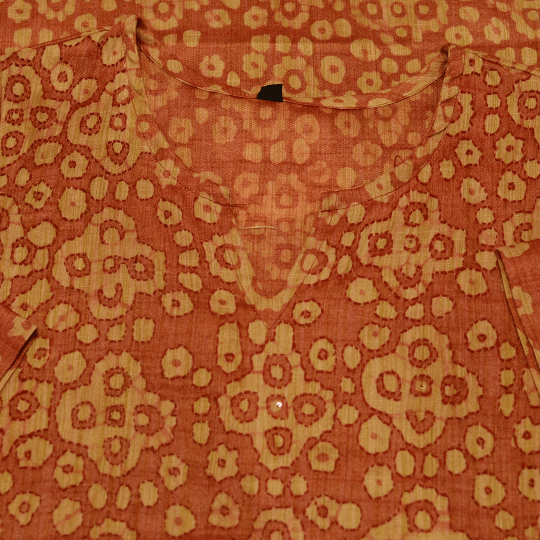 Burnt Orange Block Cotton Hand Embroidered Slim Fit Kurti