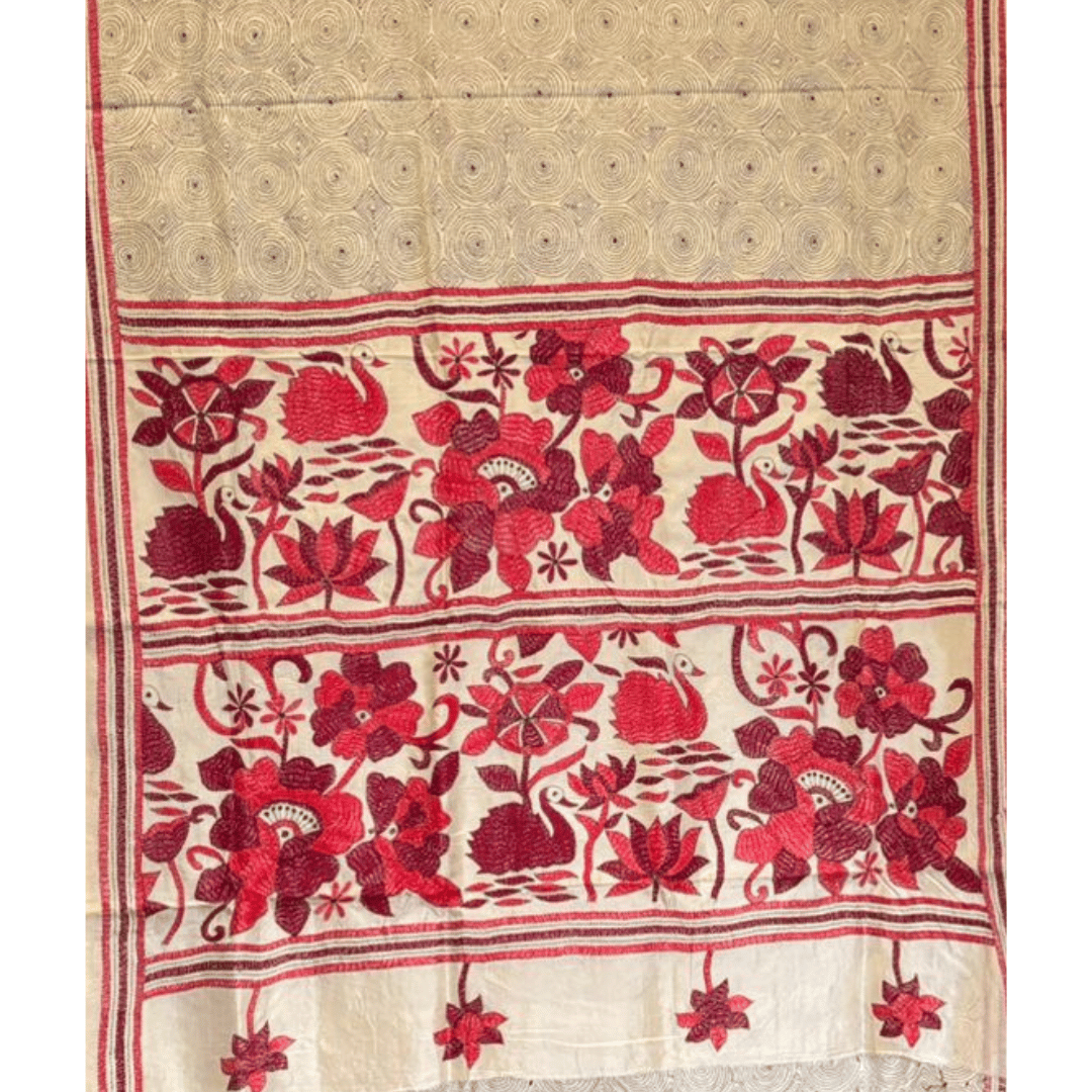 Off White and Red Katha Pure Silk Saree