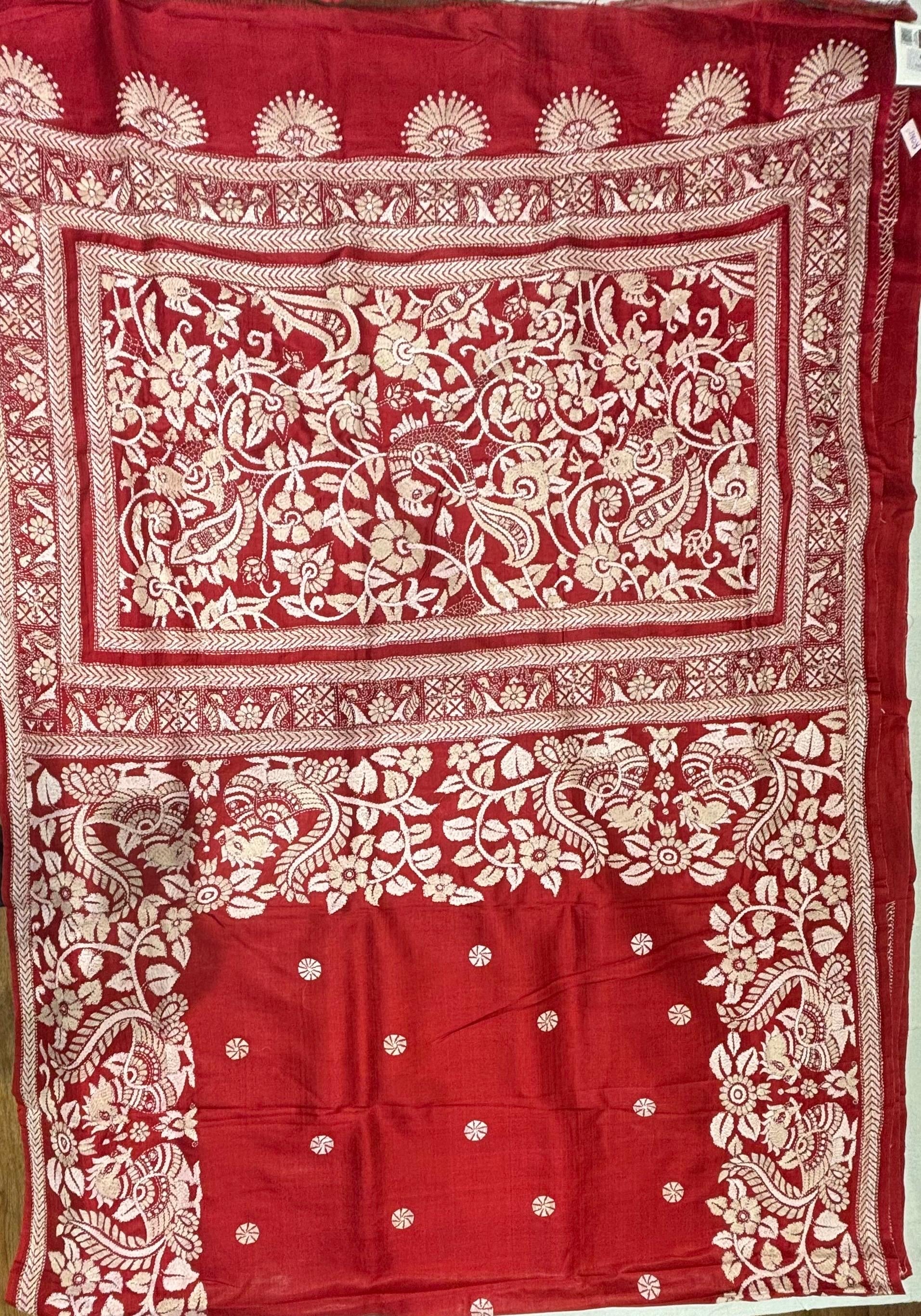 Red & White Floral Tussar Saree