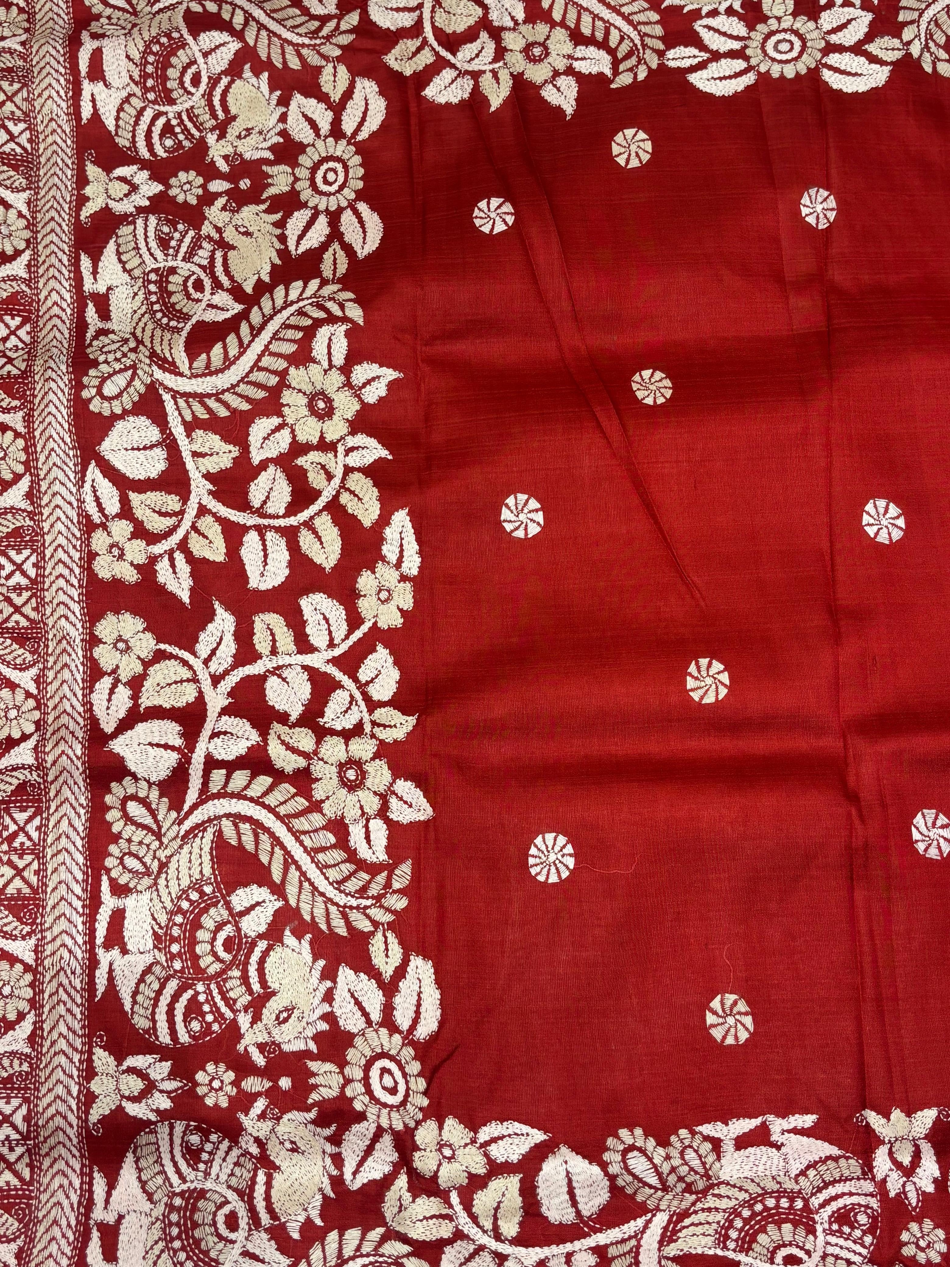 Red & White Floral Tussar Saree