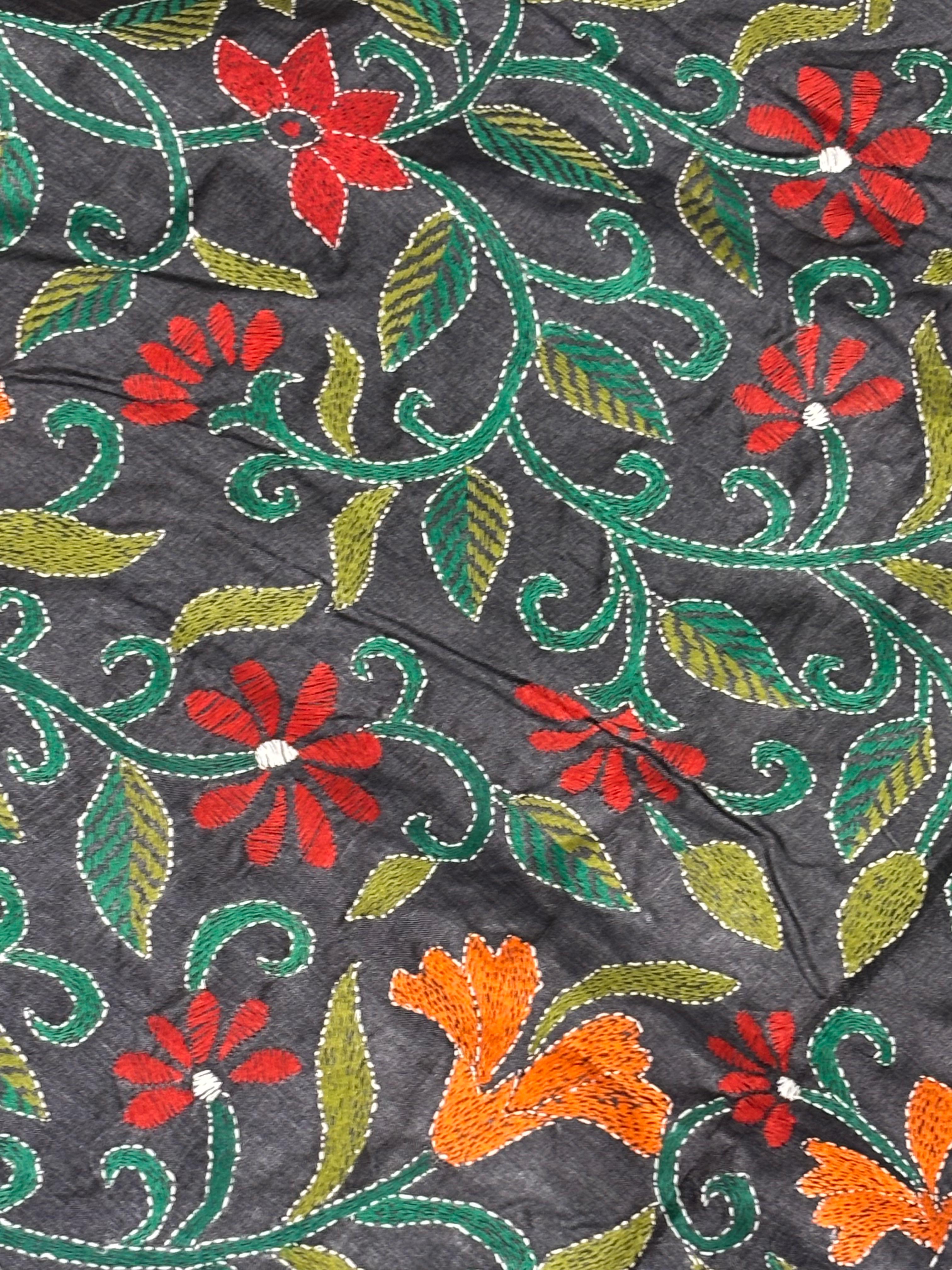 Black Dyed Floral Design Tussar Saree