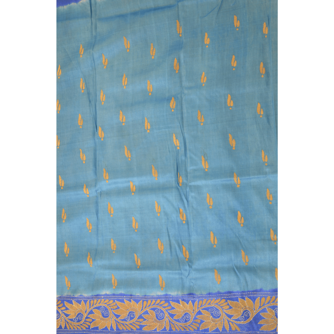 Blue Pure Tussar Silk Saree with Kantha Work