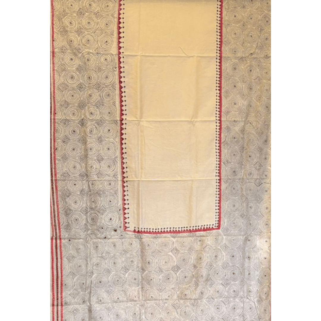 Off White and Red Katha Pure Silk Saree