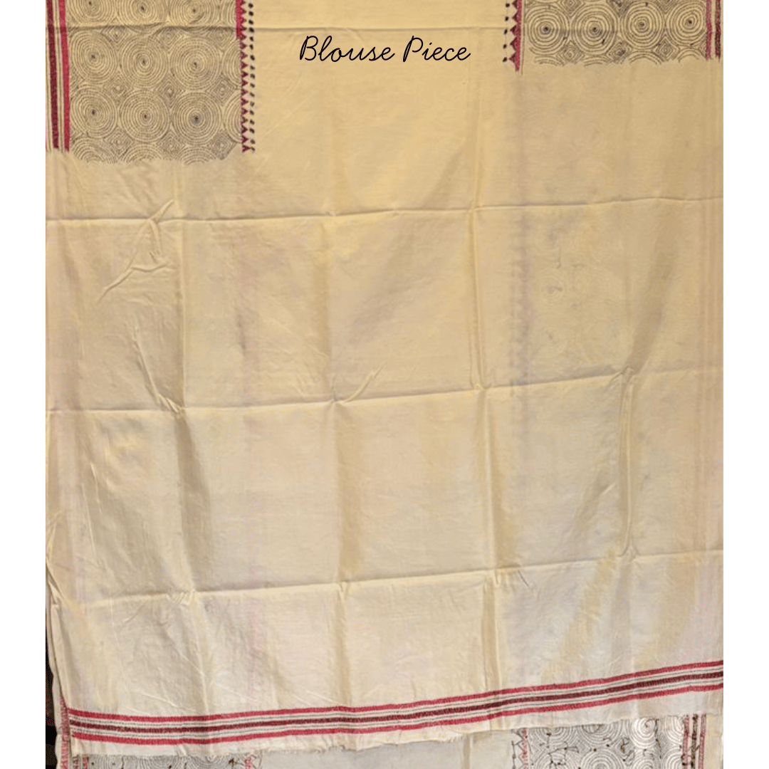 Off White and Red Katha Pure Silk Saree