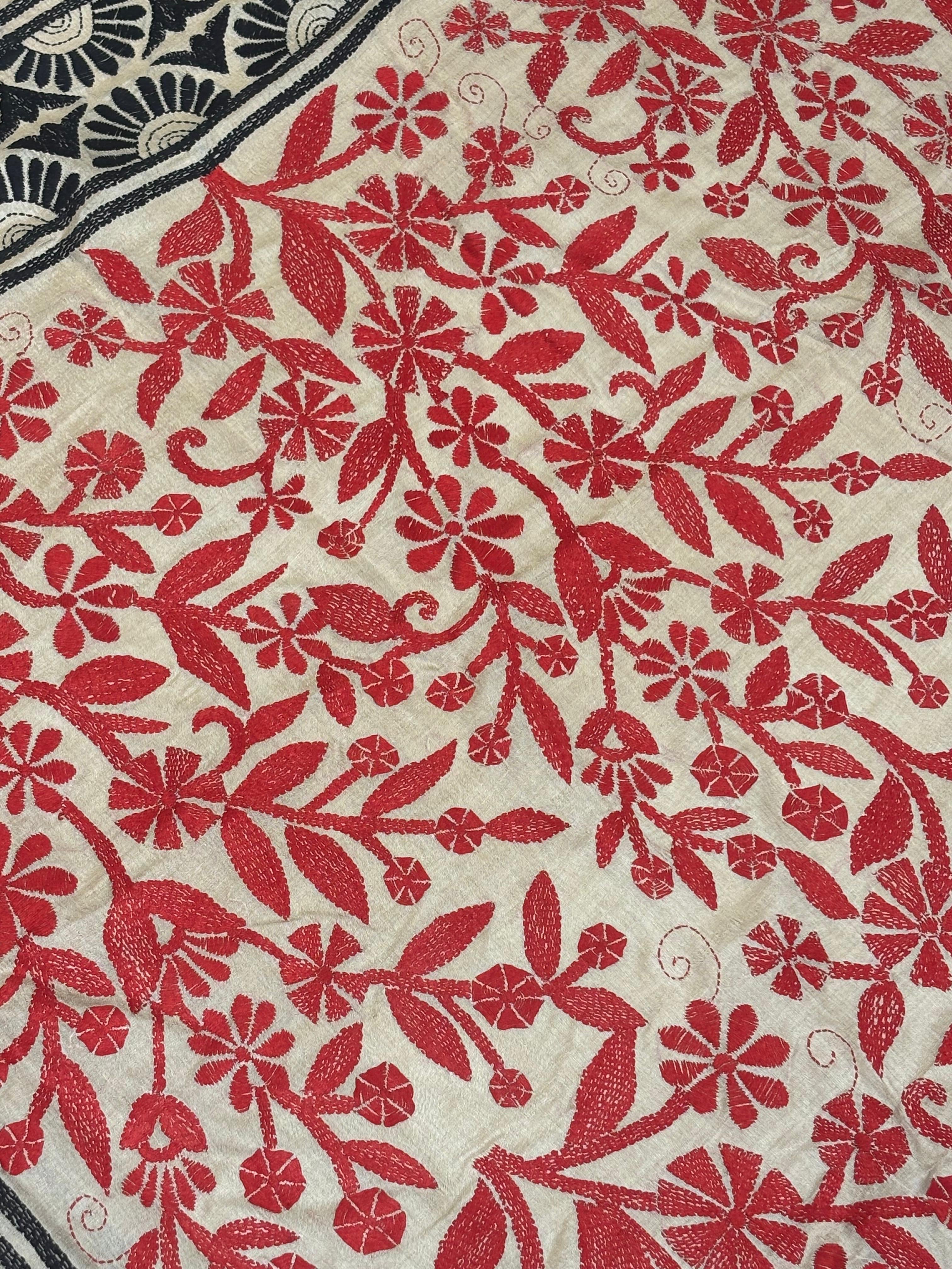 Red & Black Floral Tussar Saree