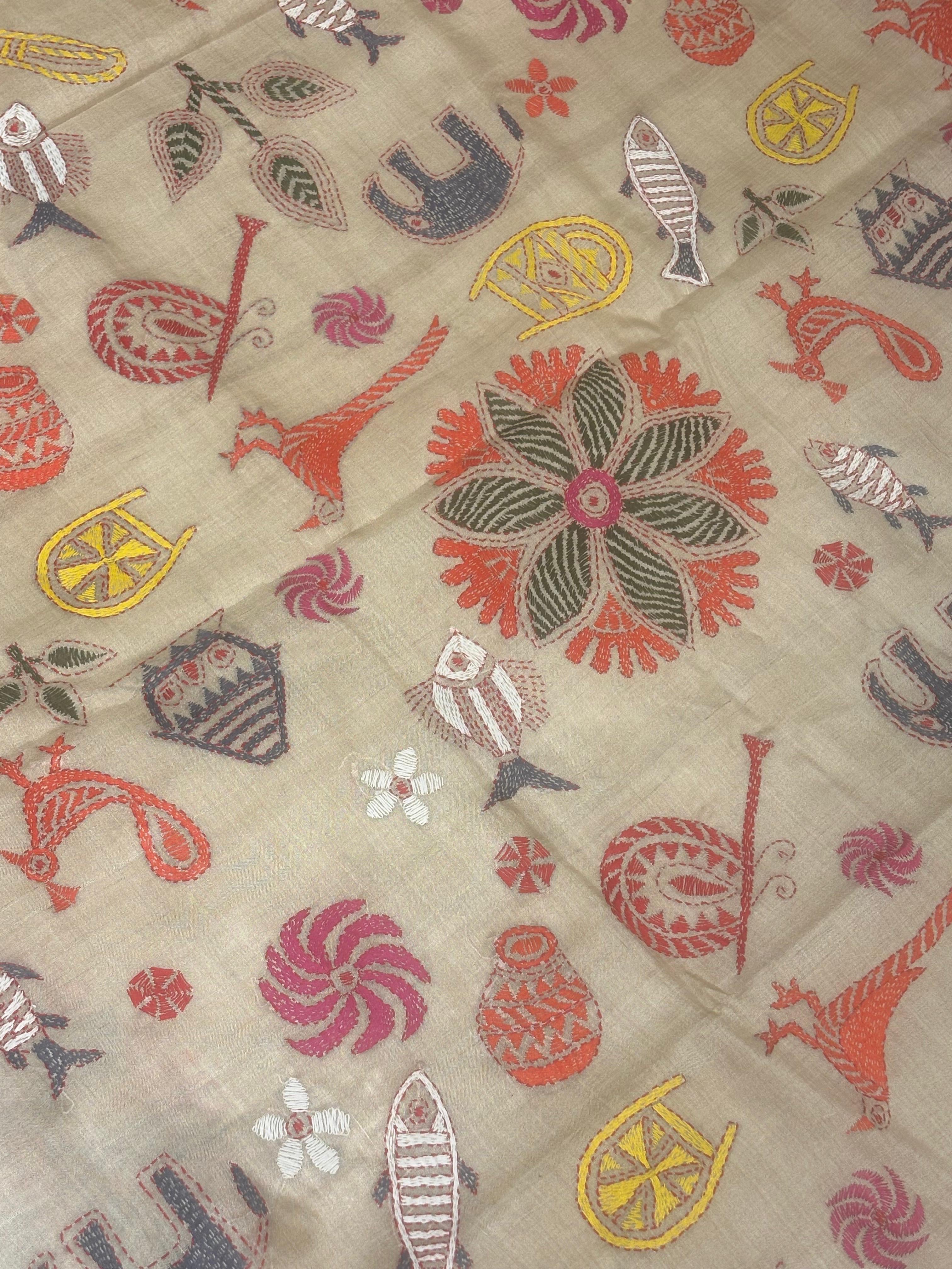Multicolour Worli Design Tussar Saree