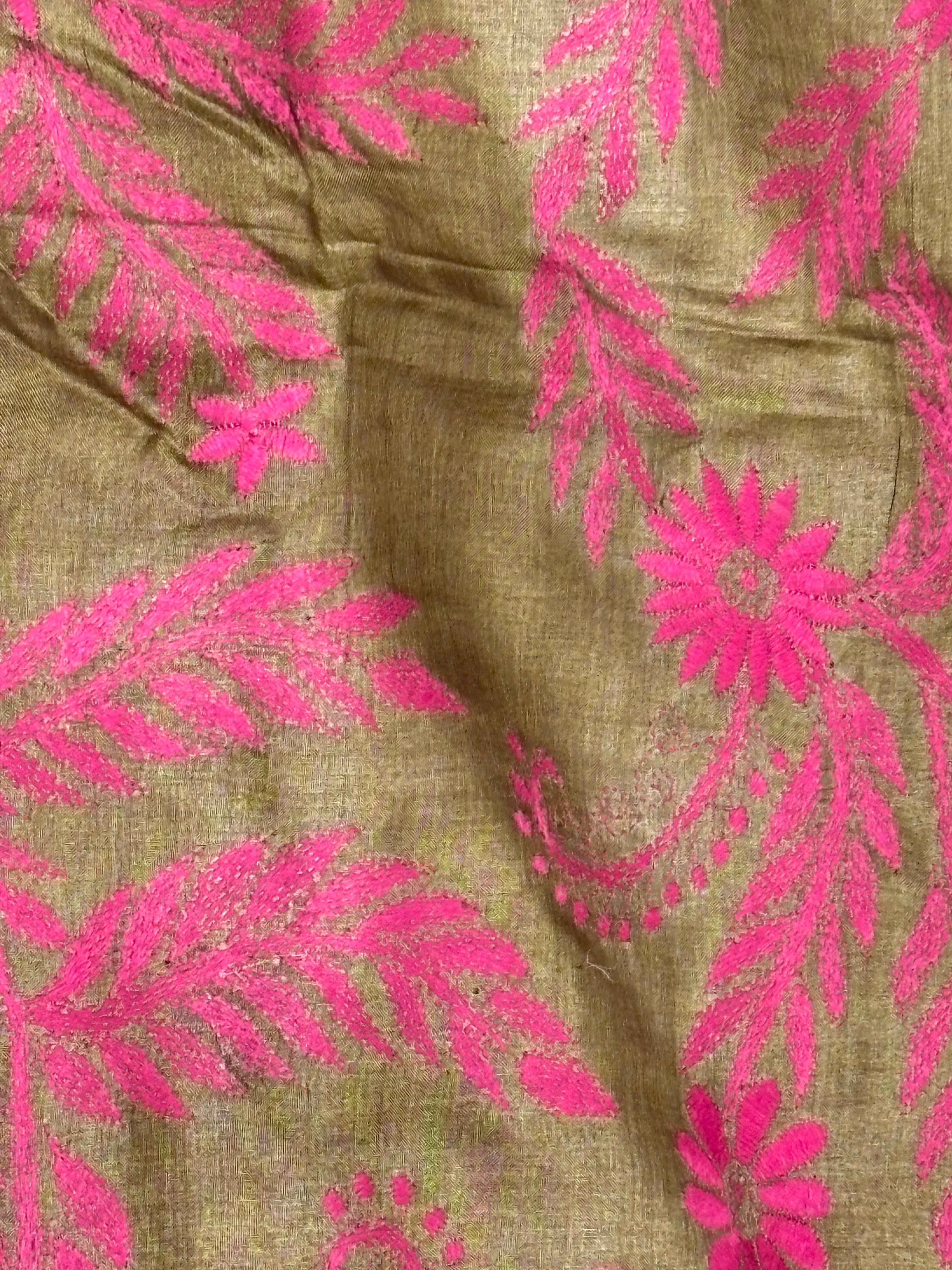 Pink & Light Green Dyed Floral Design Tussar Saree