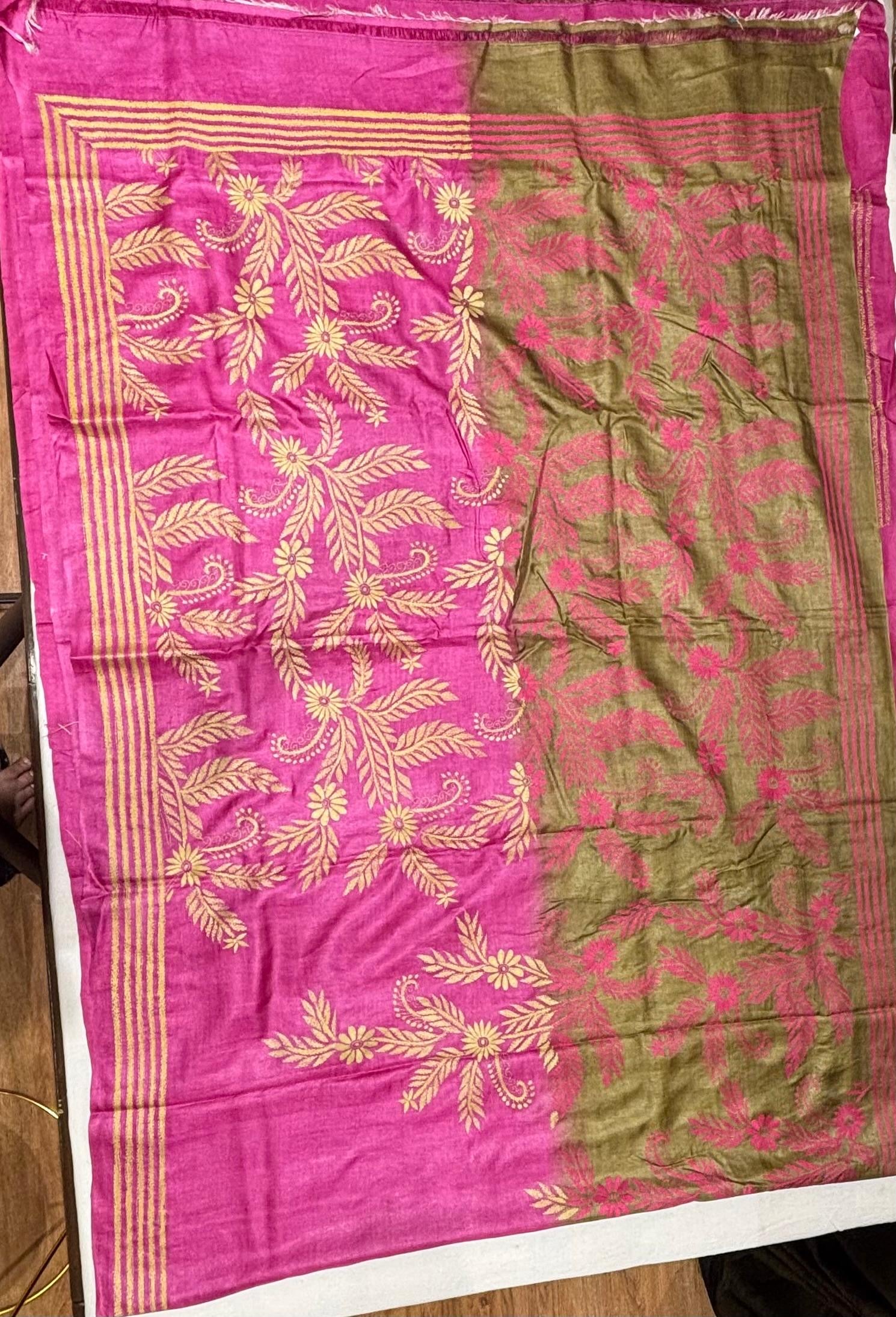 Pink & Light Green Dyed Floral Design Tussar Saree