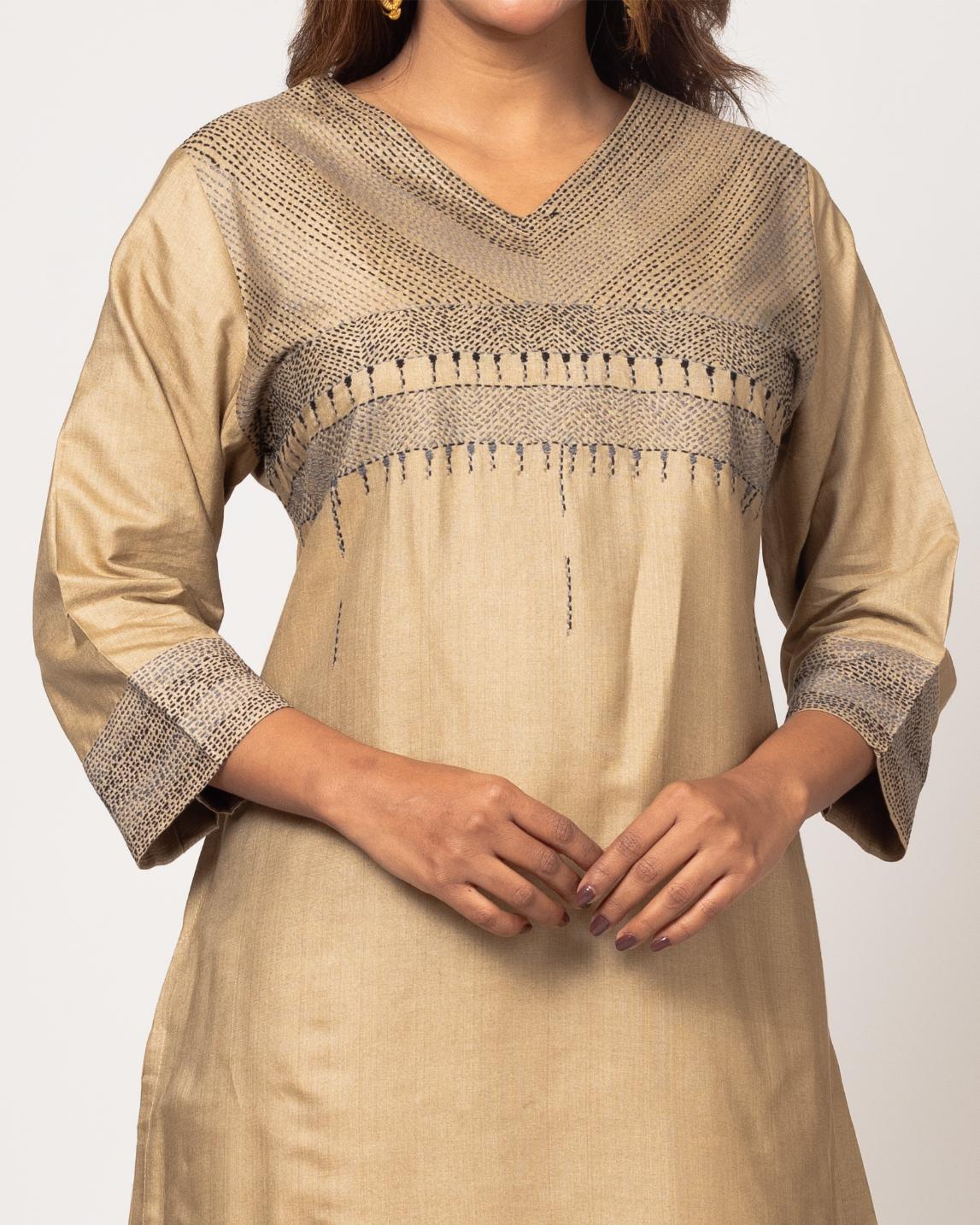 Beige Silk Hand Embroidered Slim Fit Kurti