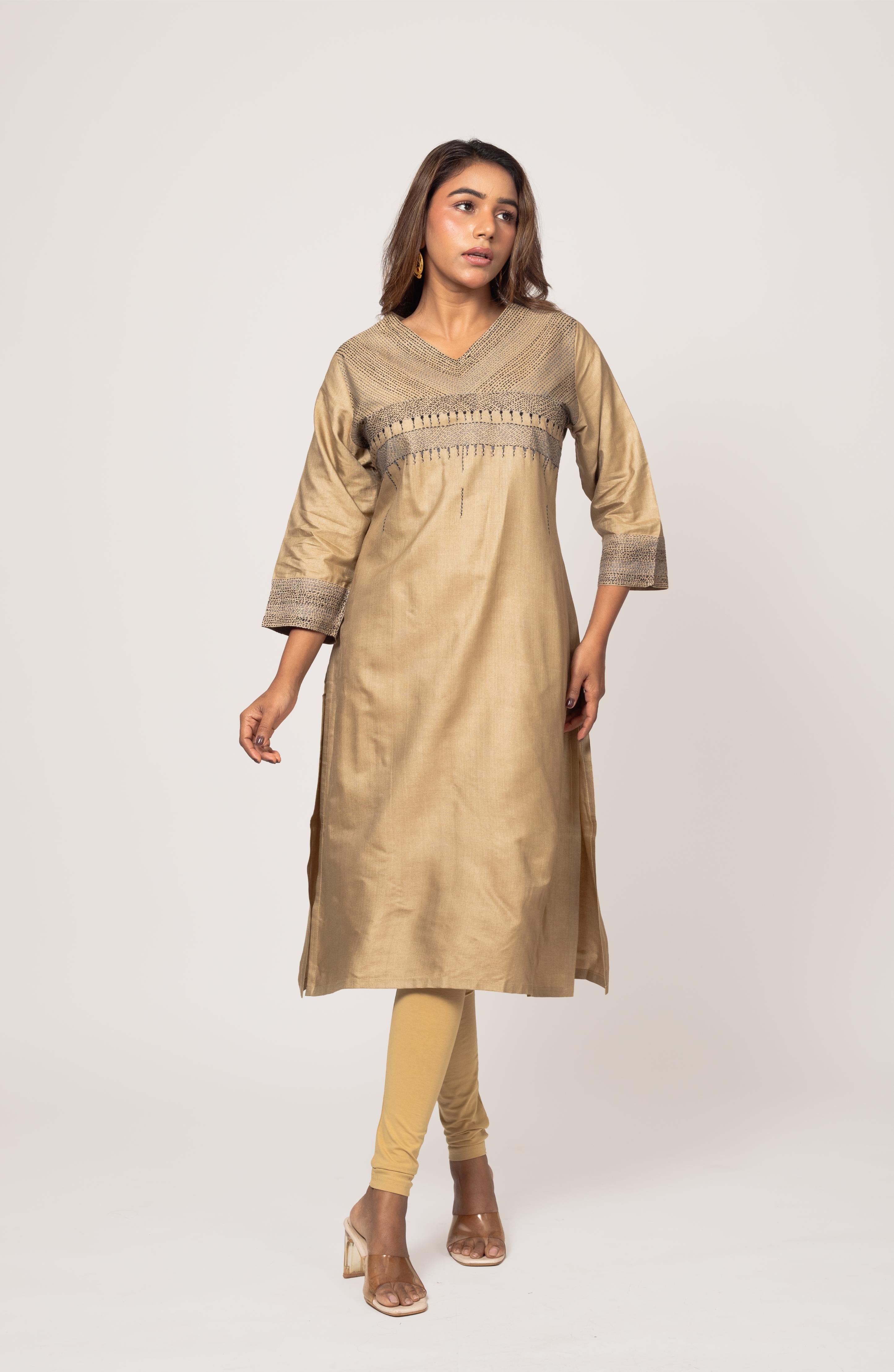 Beige Silk Hand Embroidered Slim Fit Kurti