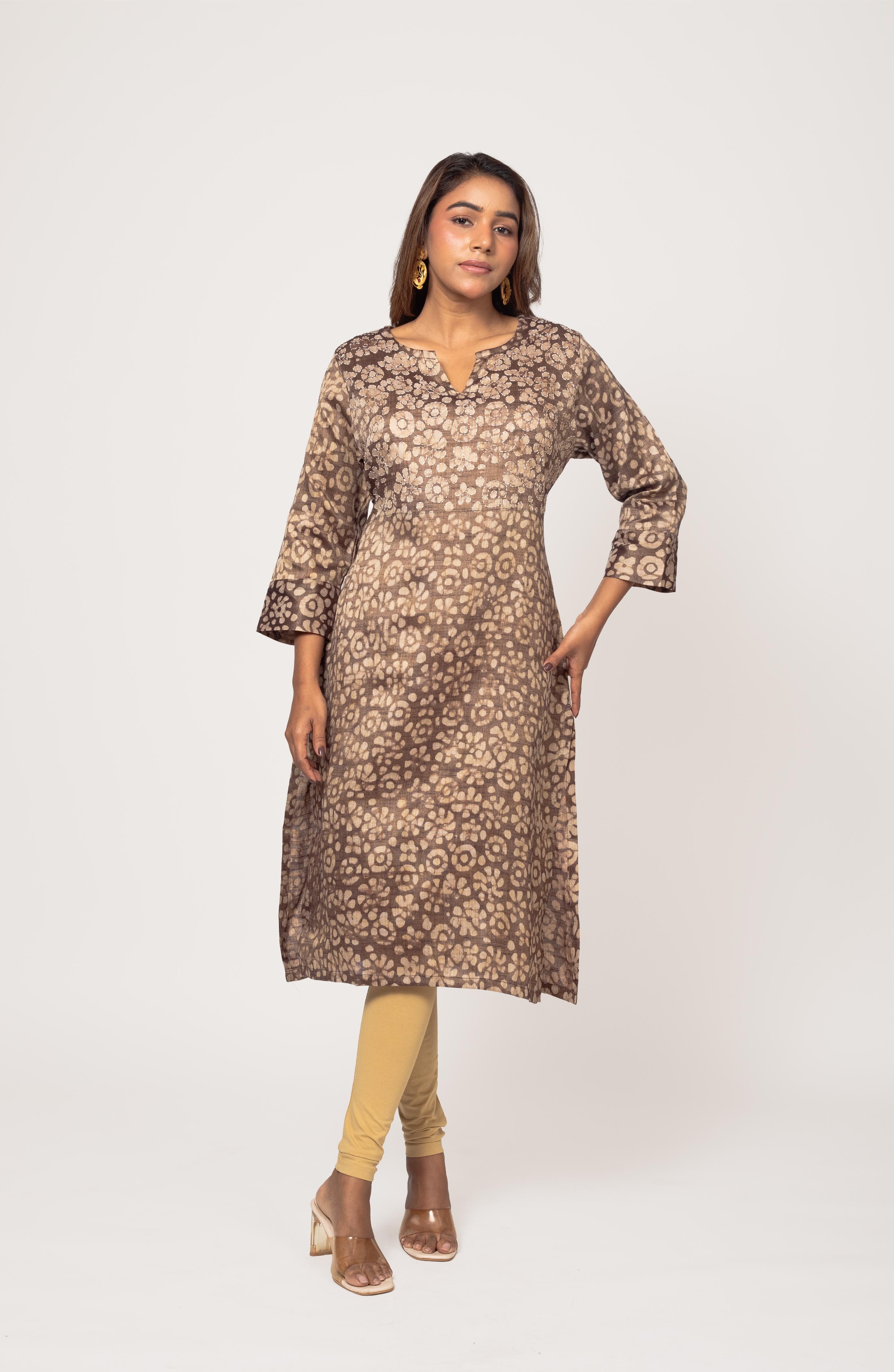 Brown Block Cotton Hand Embroidered Slim Fit Kurti