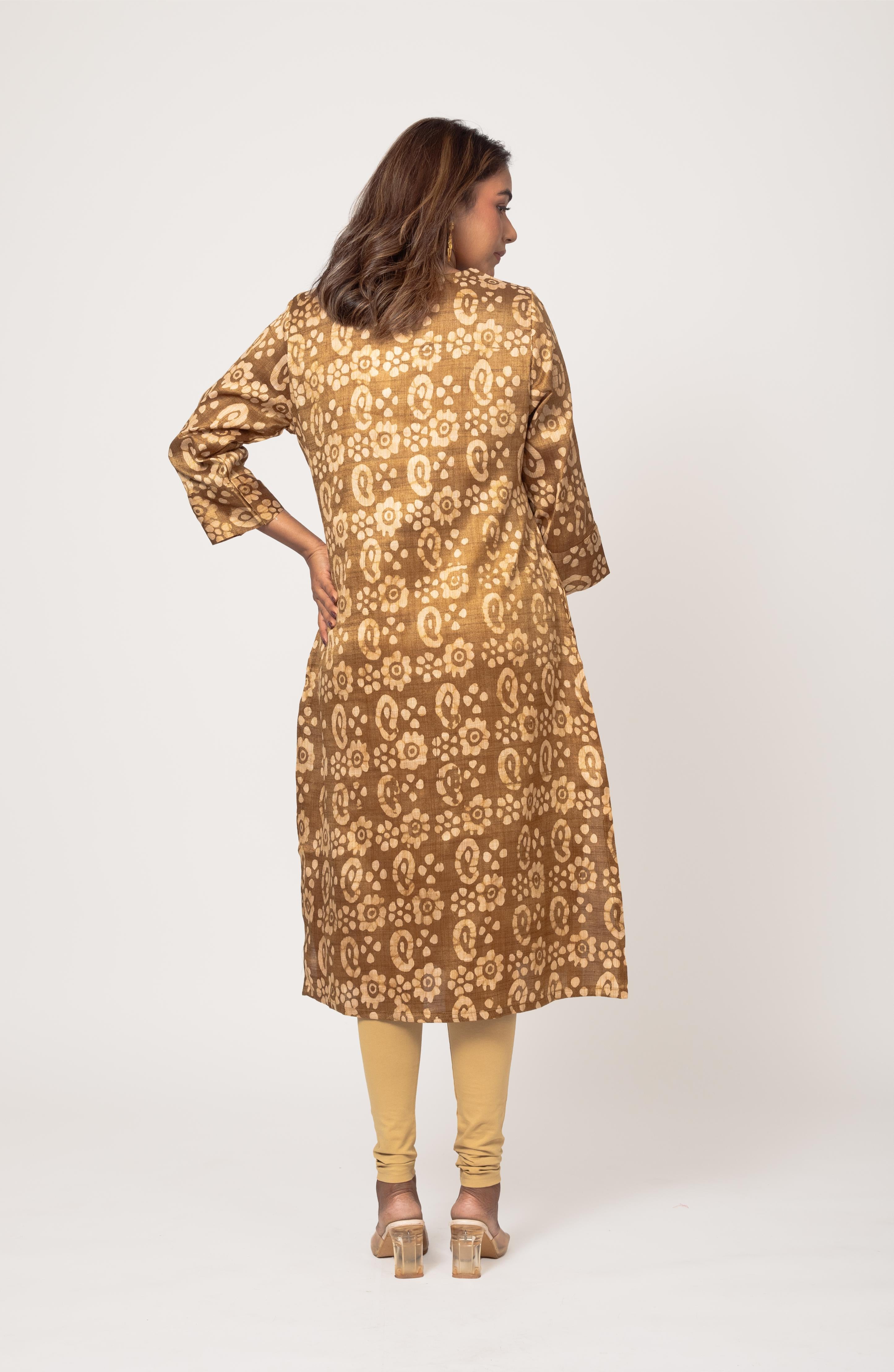 Olive Green Block Cotton Hand Embroidered Slim Fit Kurti