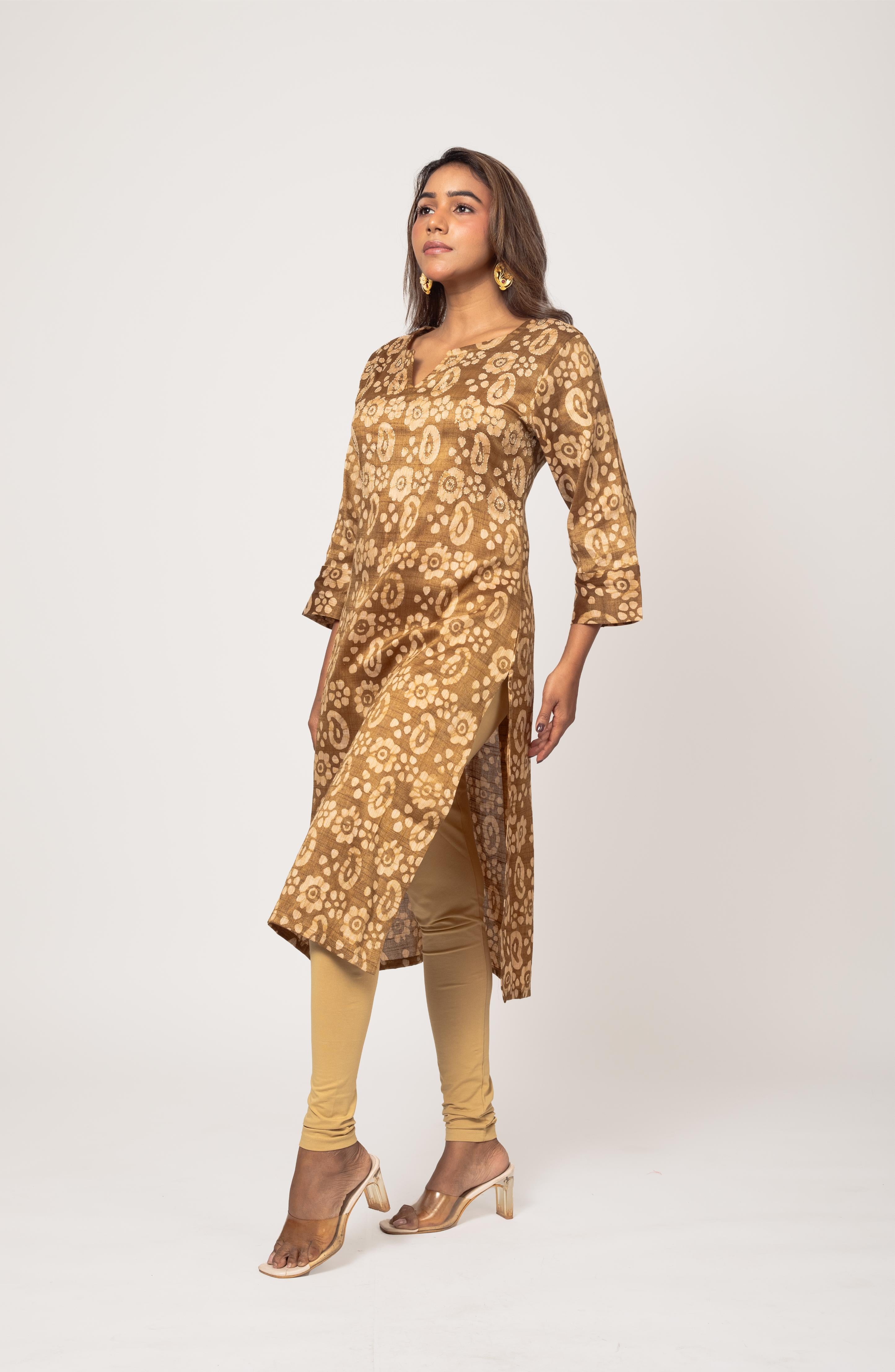 Olive Green Block Cotton Hand Embroidered Slim Fit Kurti