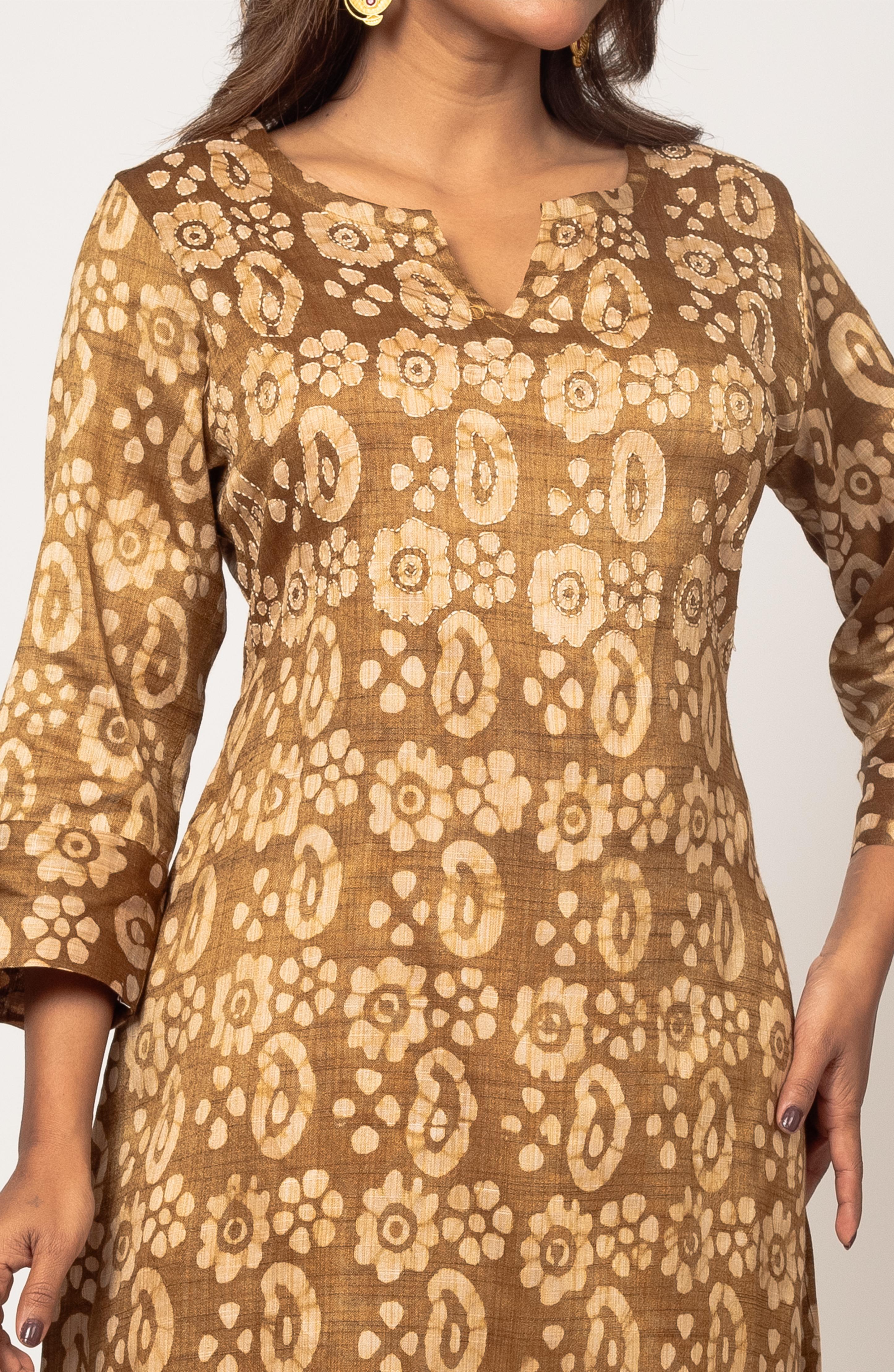 Olive Green Block Cotton Hand Embroidered Slim Fit Kurti