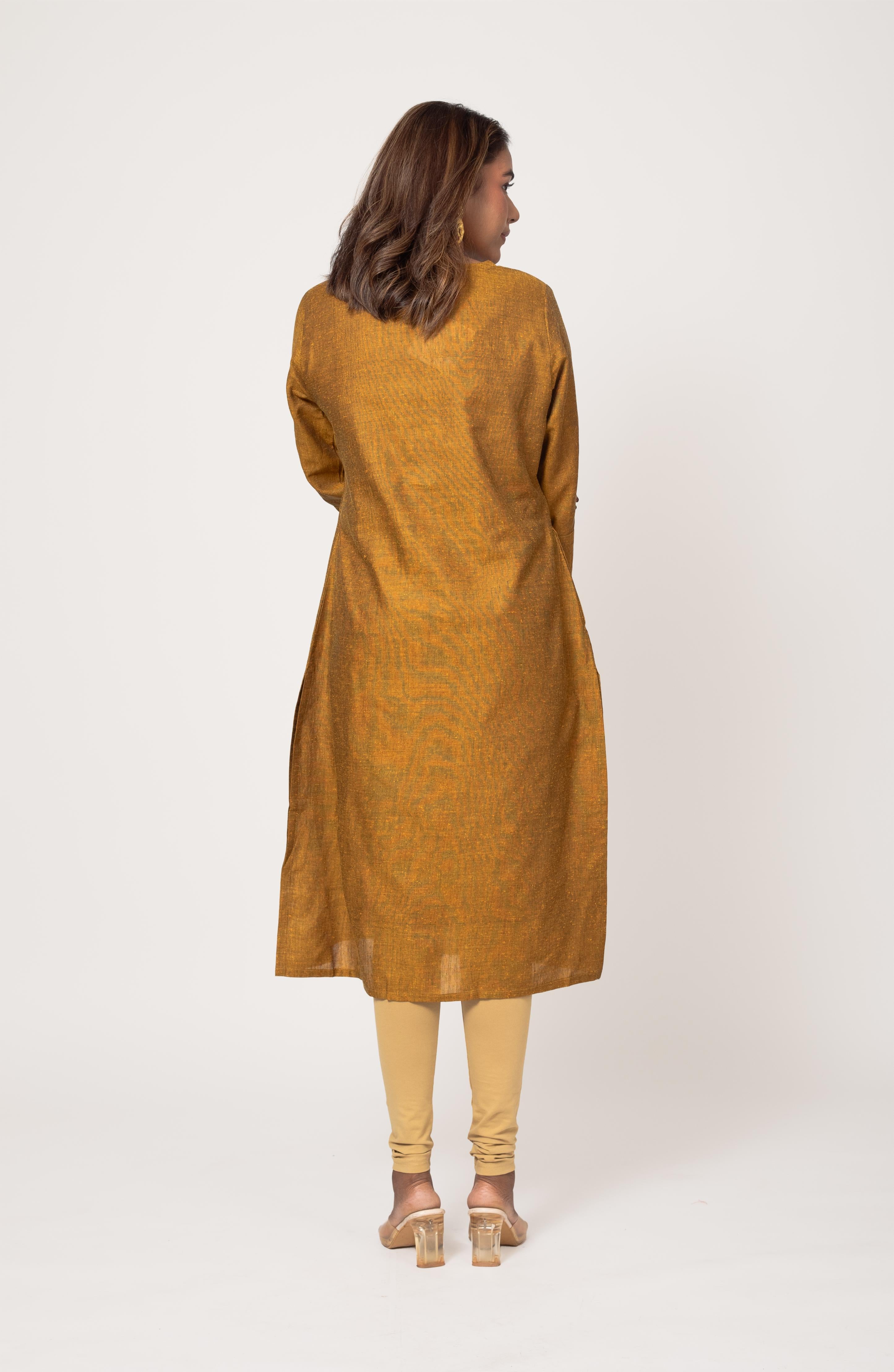 Mustard Cotton Hand Embroidered Slim Fit Kurti