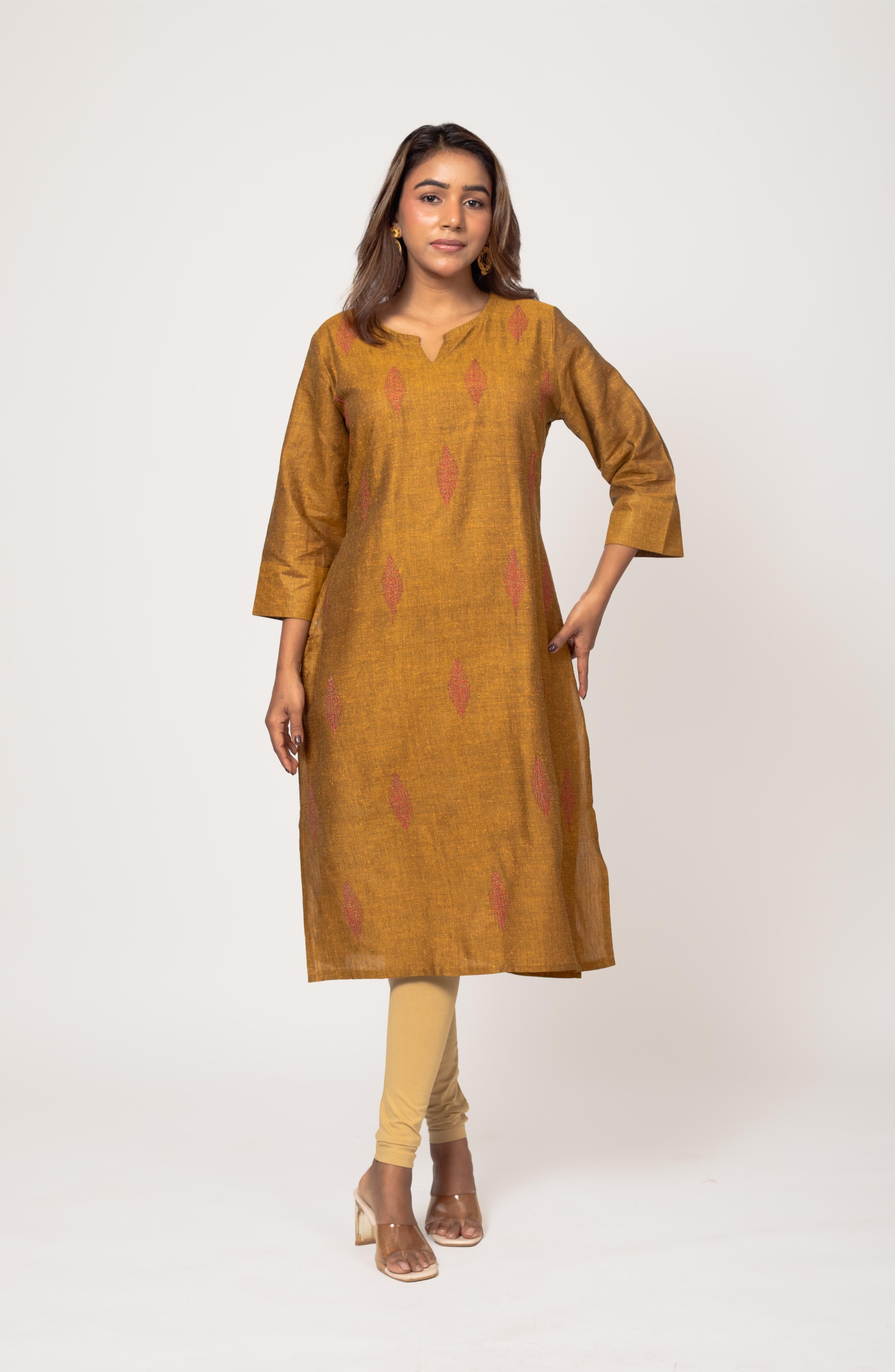 Mustard Cotton Hand Embroidered Slim Fit Kurti