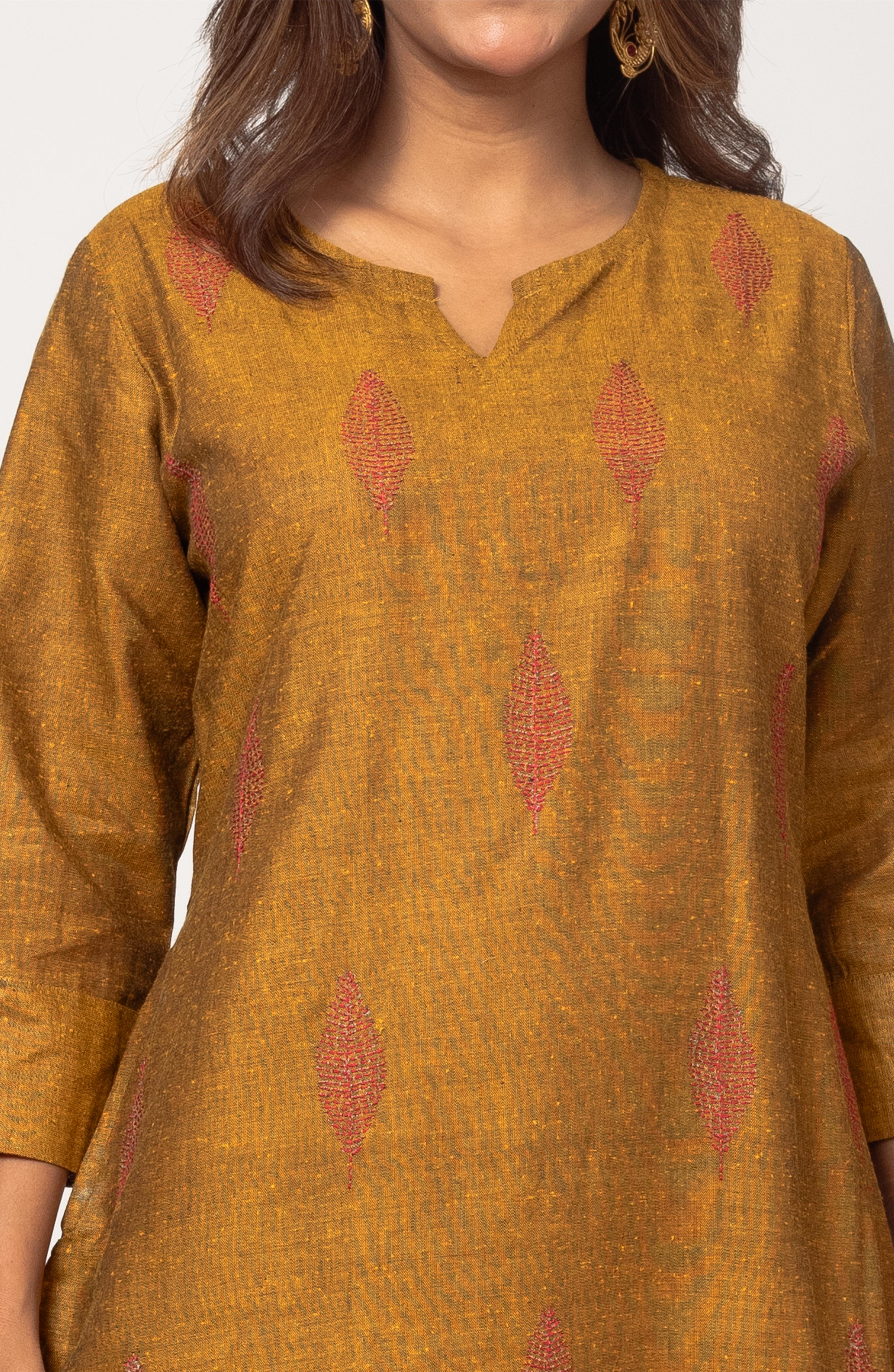 Mustard Cotton Hand Embroidered Slim Fit Kurti