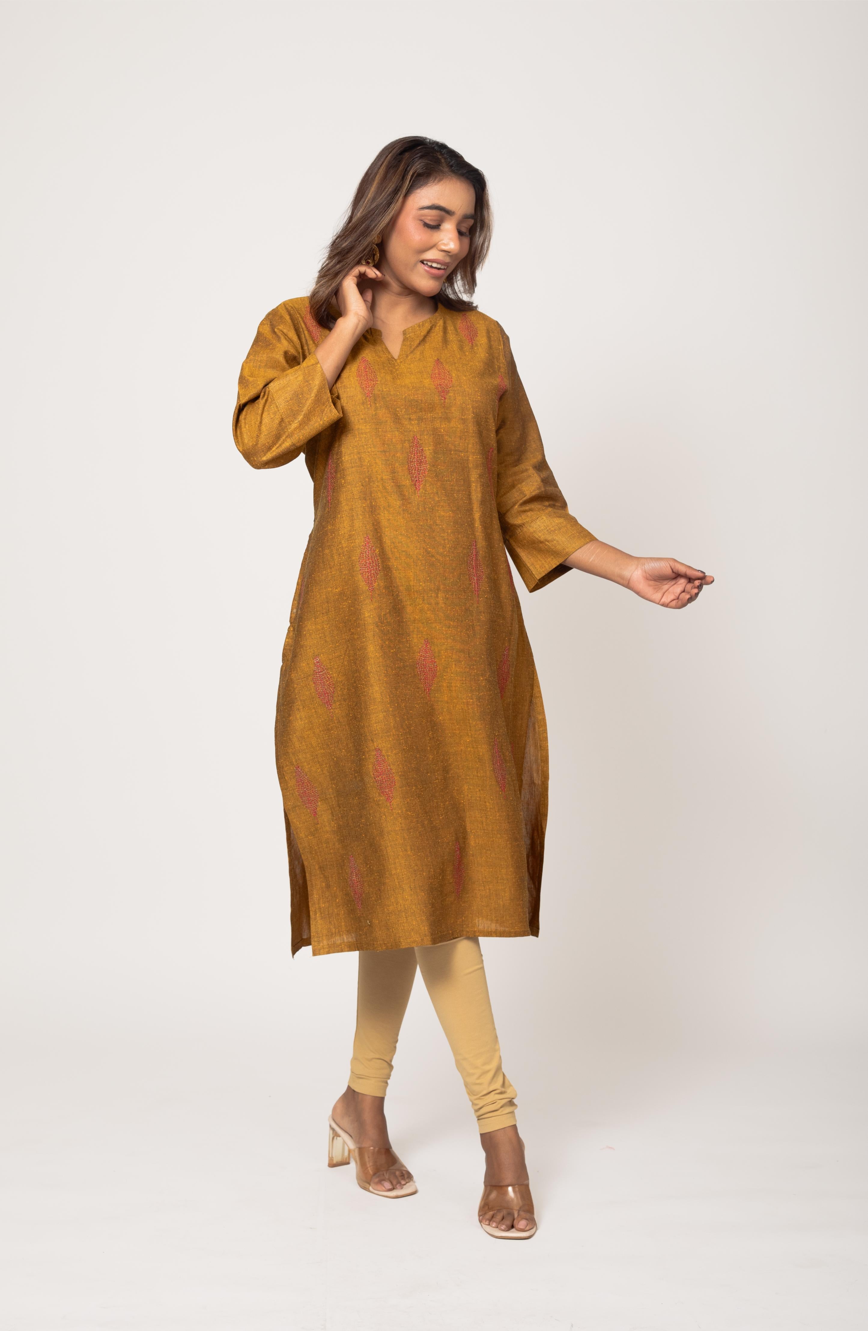 Mustard Cotton Hand Embroidered Slim Fit Kurti